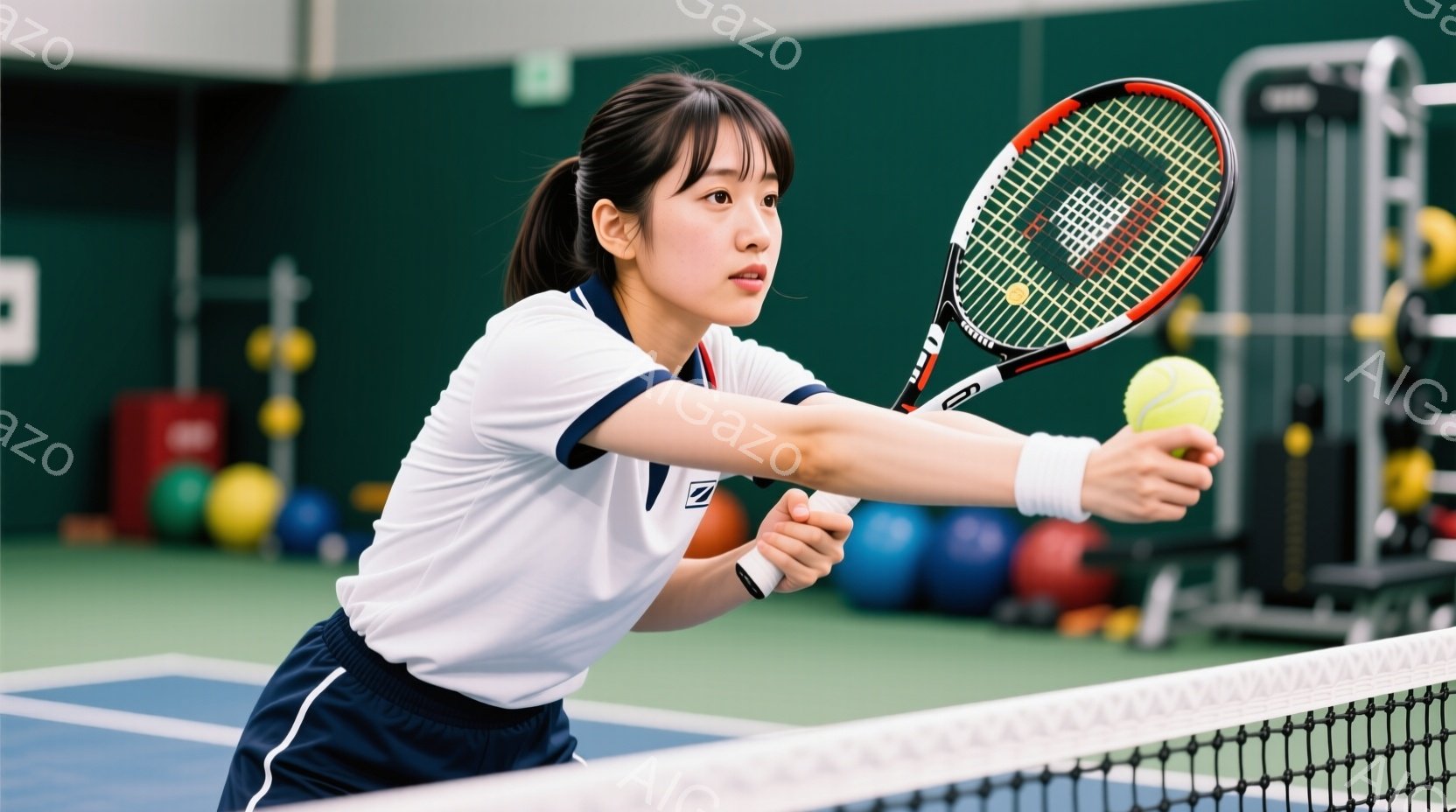 テニスをする若い女性が写っています。白いポロシャツに黒いショートパンツ姿で、髪は後ろで一つに結ばれています。彼女はフォアハンドのストロークでボールを打ち、集中した表情をしています。