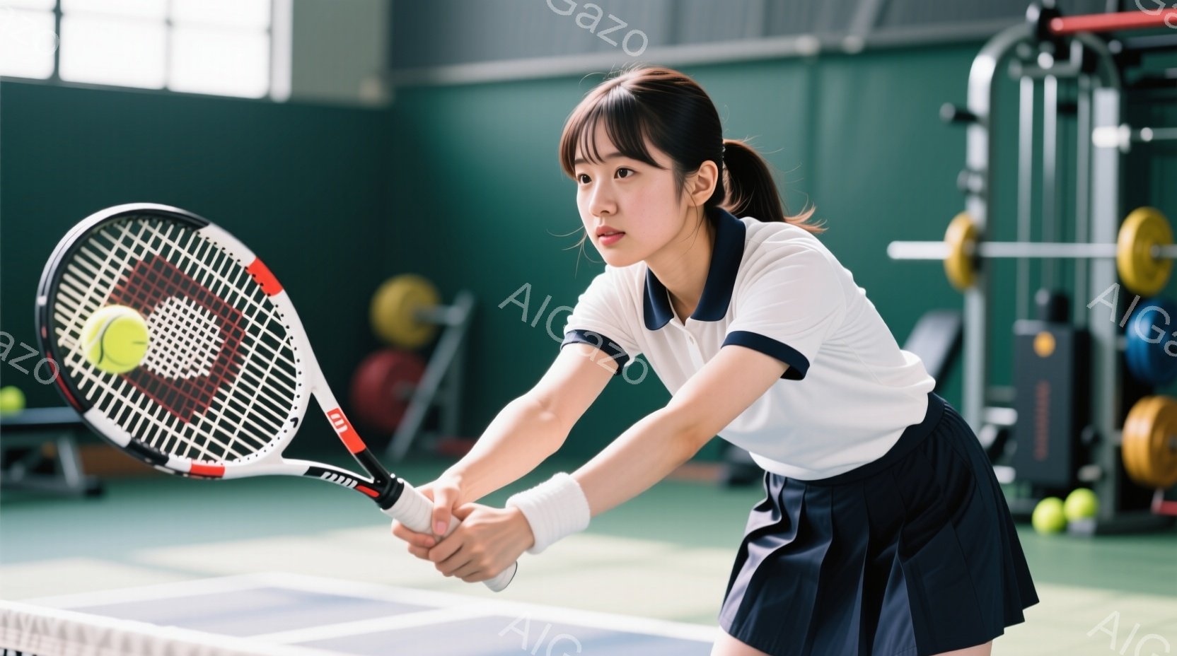 テニスをする若い女性が写っています。白いポロシャツと紺色のスカートを着用し、髪はポニーテールに結んでいます。彼女はテニスラケットを振りかぶり、ボールを打とうとしている姿勢で、表情は真剣です。