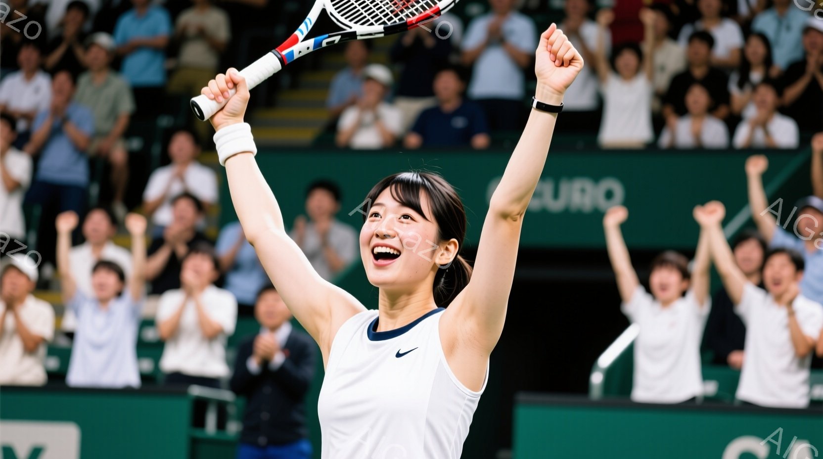 白いテニスウェアに身を包んだ女性選手が、片手を高く上げ、勝利を喜んでいます。黒髪を後ろに束ね、満面の笑みを浮かべており、その表情は喜びと達成感に満ちています。背景には観客席が見え、観客も立ち上がって選手を祝福しており、熱狂的な雰囲気が伝わってきます。
