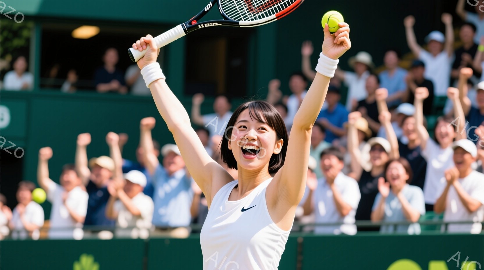 白いテニスウェアに身を包んだ若い女性選手が、片手を高く上げ、勝利を喜んでいます。彼女は短い黒髪で、顔には満面の笑みが溢れ、興奮と喜びが伝わってきます。背景には観客席が広がり、緑色のコートと、ぼやけた観客の姿が見え、勝利の瞬間を祝う熱狂的な雰囲気が漂っています。