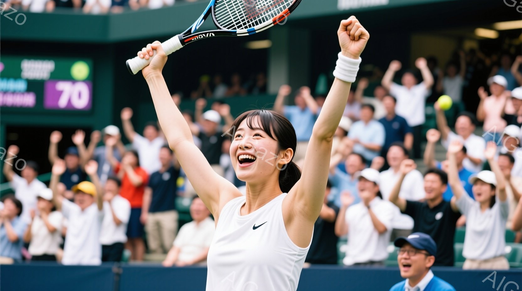 テニス選手が勝利を喜び、両手を高く上げています。白いタンクトップと短いショーツを着ており、髪は後ろでポニーテールにまとめられています。背景には、観客席が広がり、緑豊かな芝生と青空が広がっており、勝利の - AI生成フリー素材