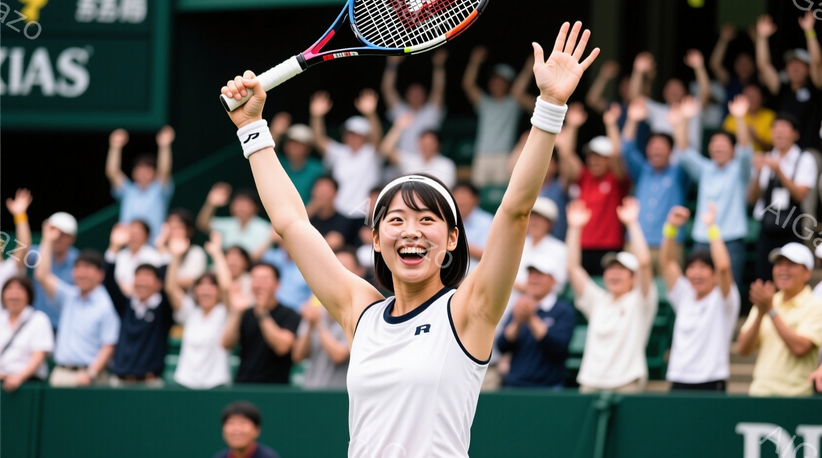 テニス選手の女性が、勝利を確信したように両腕を高く上げて歓喜しています。白いテニスウェアにヘッドバンドを着用し、笑顔で満面の表情を浮かべています。背景には、観客席が広がり、緑の芝生とぼやけた建物が見え - AI生成フリー素材