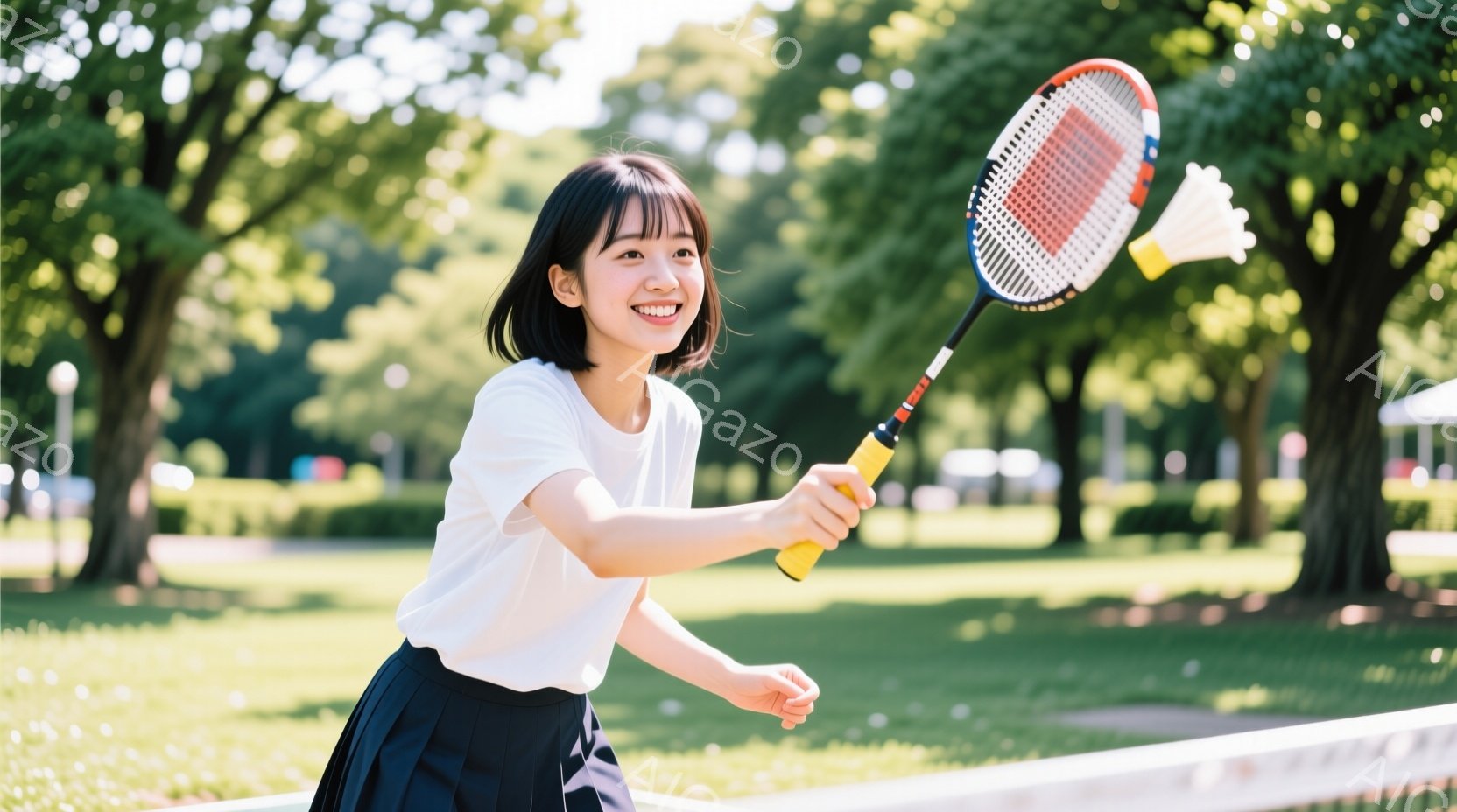 若い女性がバドミントンラケットを握り、スマッシュをしようとしている瞬間を捉えた写真です。彼女は白いTシャツと黒いプリーツスカートを着用し、短い髪を耳にかけて微笑んでいます。背景には緑豊かな木々と白いフェンスが見え、晴れた日の屋外で活気に満ちた雰囲気が漂っています。
