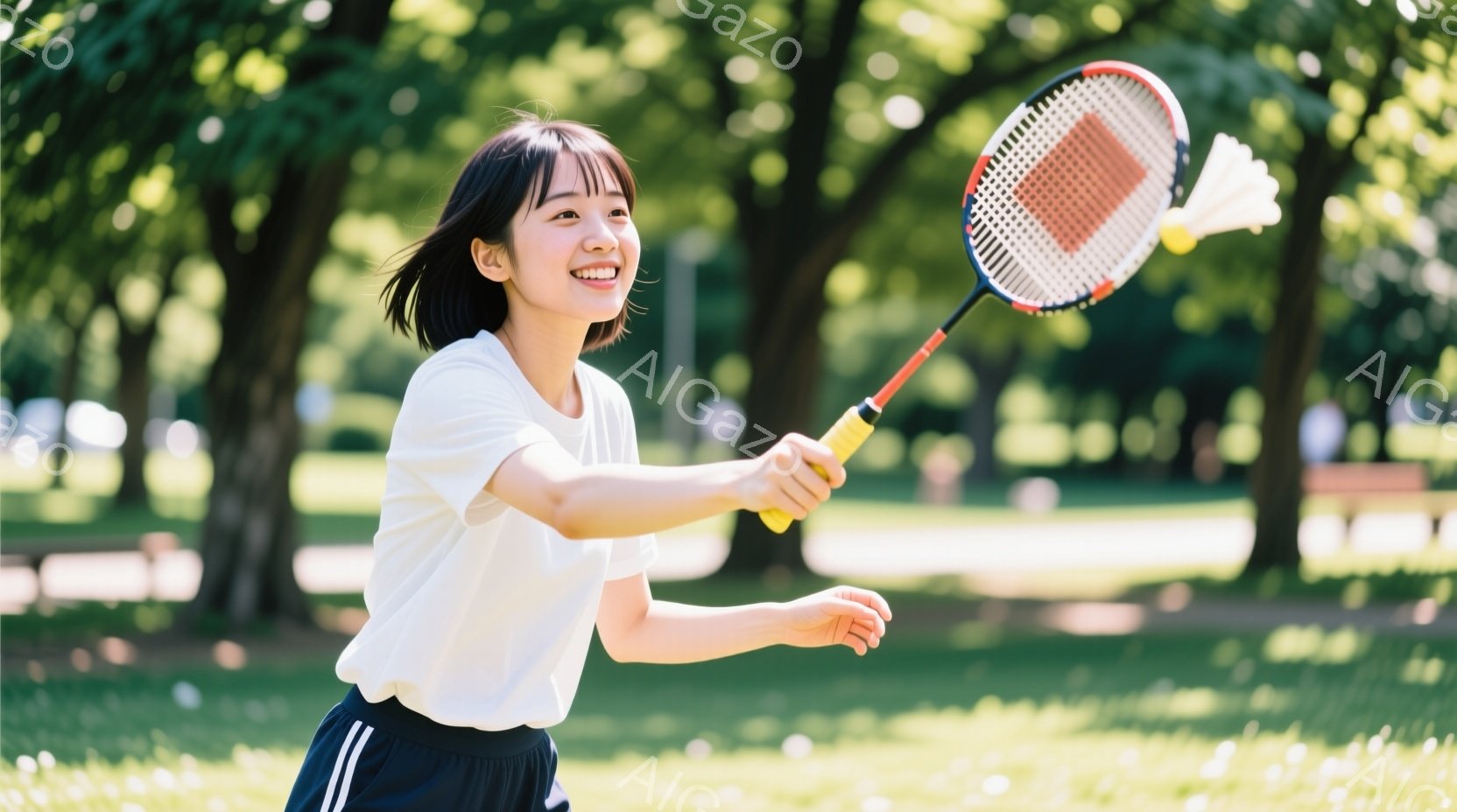 若い女性が庭球ラケットを振りかぶり、シャトルコックを打とうとしている姿が写っています。彼女は白いTシャツと紺色のショートパンツを着用し、笑顔でヘアスタイルは短髪です。背景には緑豊かな木々と芝生、そしてぼやけた建物があり、晴れた日の明るく活動的な雰囲気が漂っています。