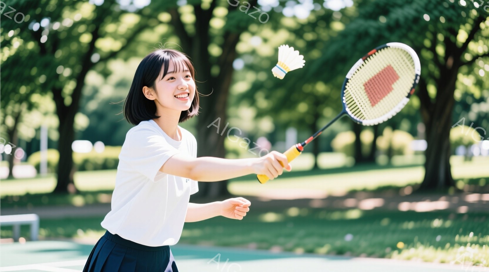 若い女性がバドミントンラケットを振りかぶり、空中のシャトルコックを打とうとしている様子が写っている。白のTシャツと濃い色のスカートを着用し、短い黒髪で笑顔を見せている。背景には緑豊かな木々とバドミント - AI生成フリー素材