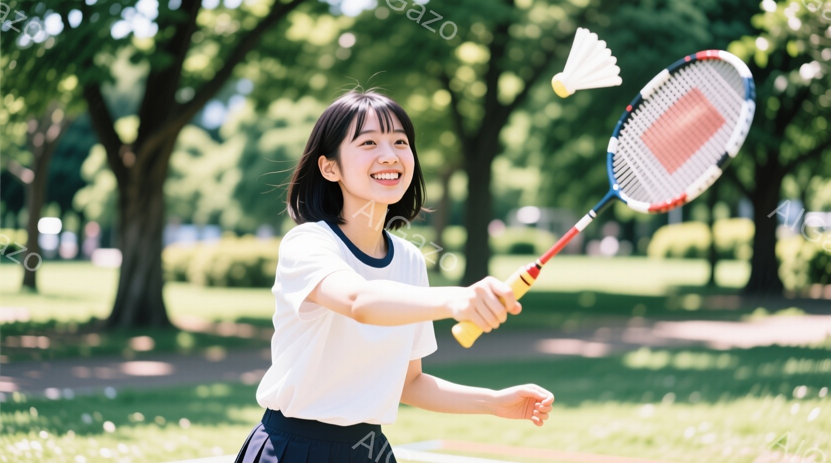 短い黒髪で、前髪は眉毛のあたりで切り揃えられています。白いTシャツと黒い短パンを着て、バドミントンのラケットを構え、スマッシュを打とうとしている女性です。背景には緑豊かな木々と青空が広がり、晴れた日の屋外でスポーツを楽しむ様子が伝わってきます。