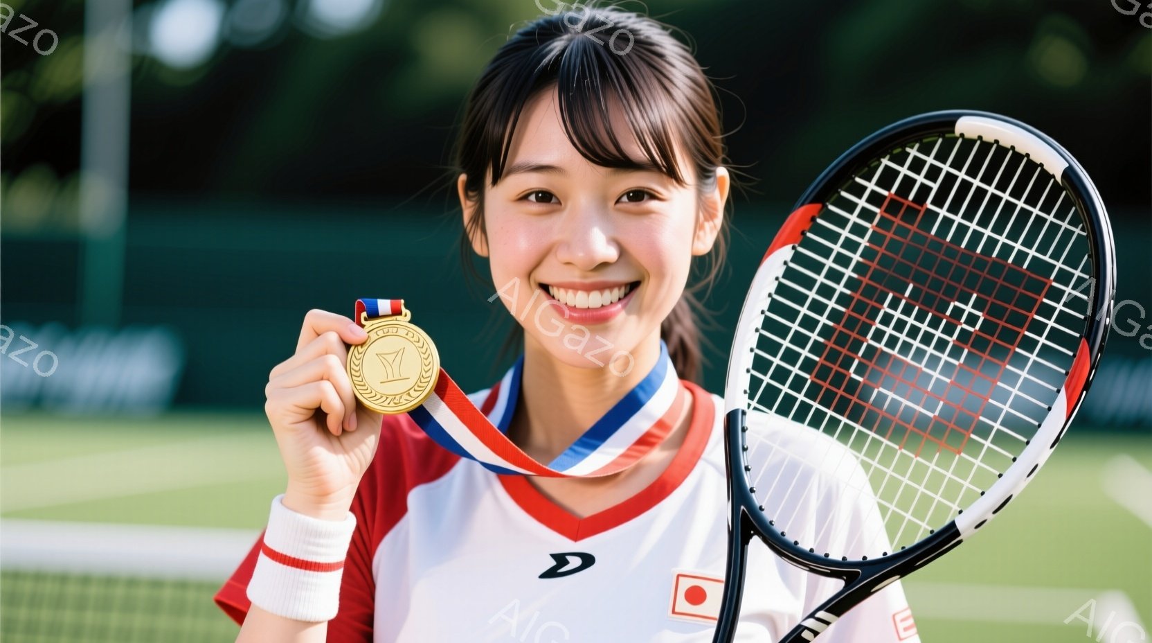 若い女性テニス選手が、金メダルを首にかけて満面の笑みを浮かべている。白いテニスウェアに赤いラインが入り、髪は肩まで届く長さで、前髪を少し残したスタイルだ。背景には緑の芝生とテニスコートのネットが見え、晴れた日の屋外での撮影であることがわかる。
