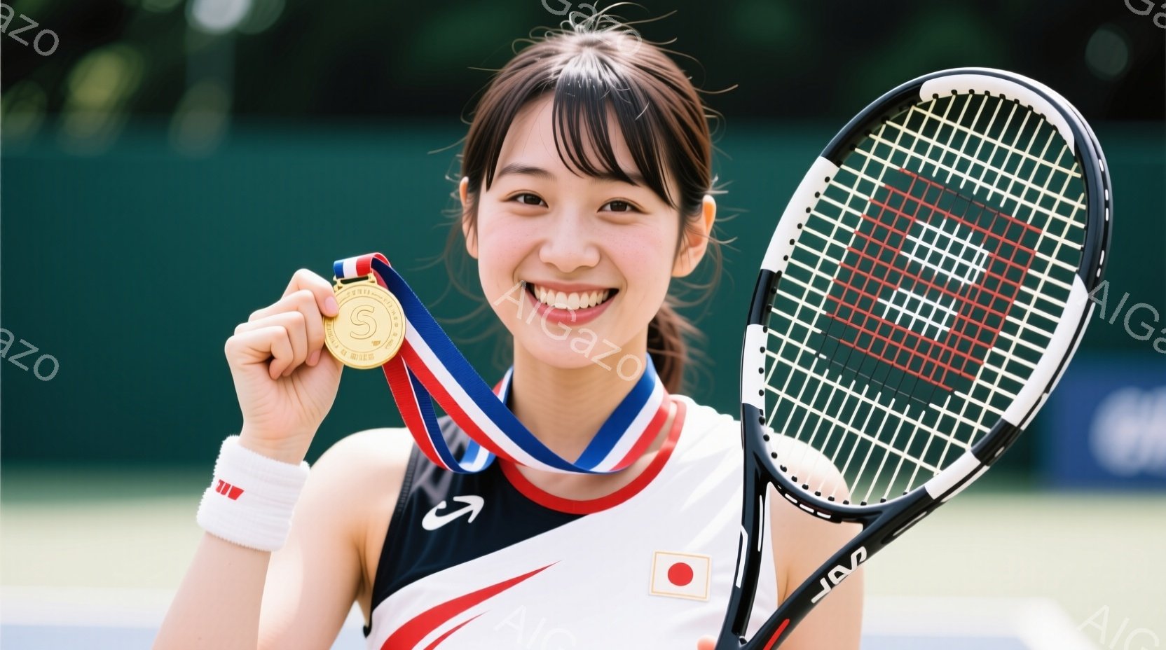 画像はテニスウェアを着た若い女性が、金メダルを手に笑顔で写っています。彼女は赤いヘッドバンドを着用し、髪は短く、前髪が目にかかるようにカットされています。背景にはテニスコートが見え、明るい日差しが差し - AI生成フリー素材