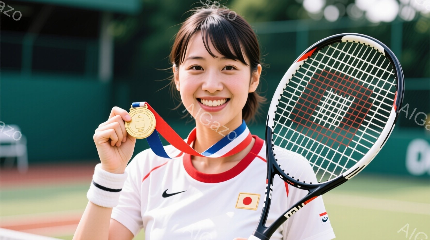 金メダルを首から下げて笑顔の女性テニス選手が写っています。彼女は白いテニスウェアに赤いヘアバンドをしており、髪は肩までの長さで整えられています。背景は緑のテニスコートで、晴天の下、活気ある雰囲気が感じ - AI生成フリー素材