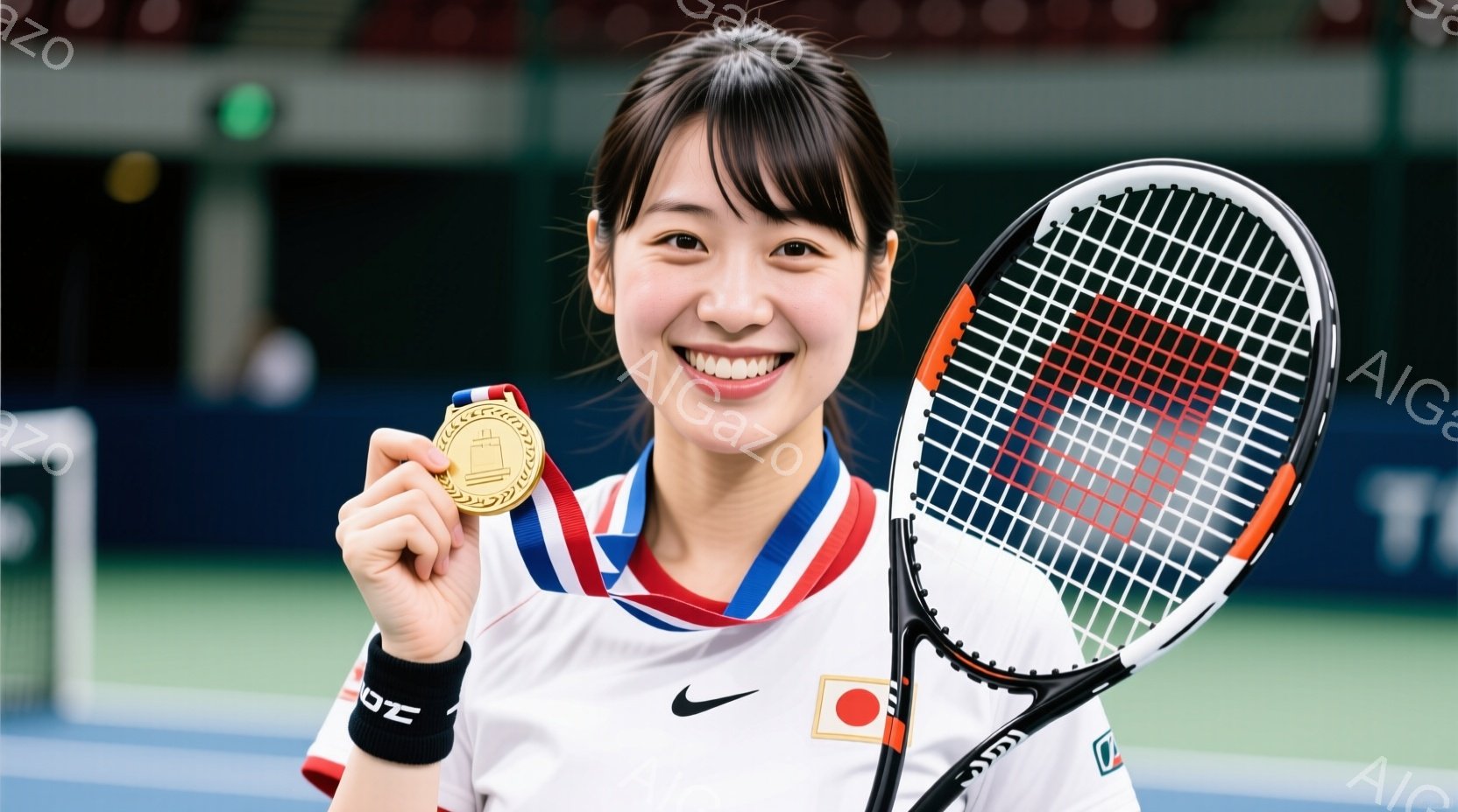 バドミントンの試合中の男性選手が写っている。黒いユニフォームと黒いショートパンツを着用し、髪は短く整えられている。彼はフォアハンドストロークを打ち、力強い姿勢でネットに向かっている。