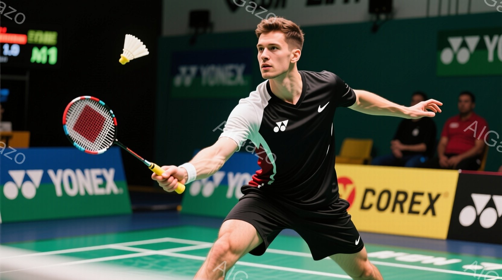 バドミントンをする若い男性アスリートが写っている。彼は黒いシャツと短パンを着用し、ラケットを振りかぶってシャトルを打とうとしている。背景にはバドミントンのコートと、YONEXのロゴが入った観客席が見え、競技が行われている活気のある雰囲気が伝わってくる。