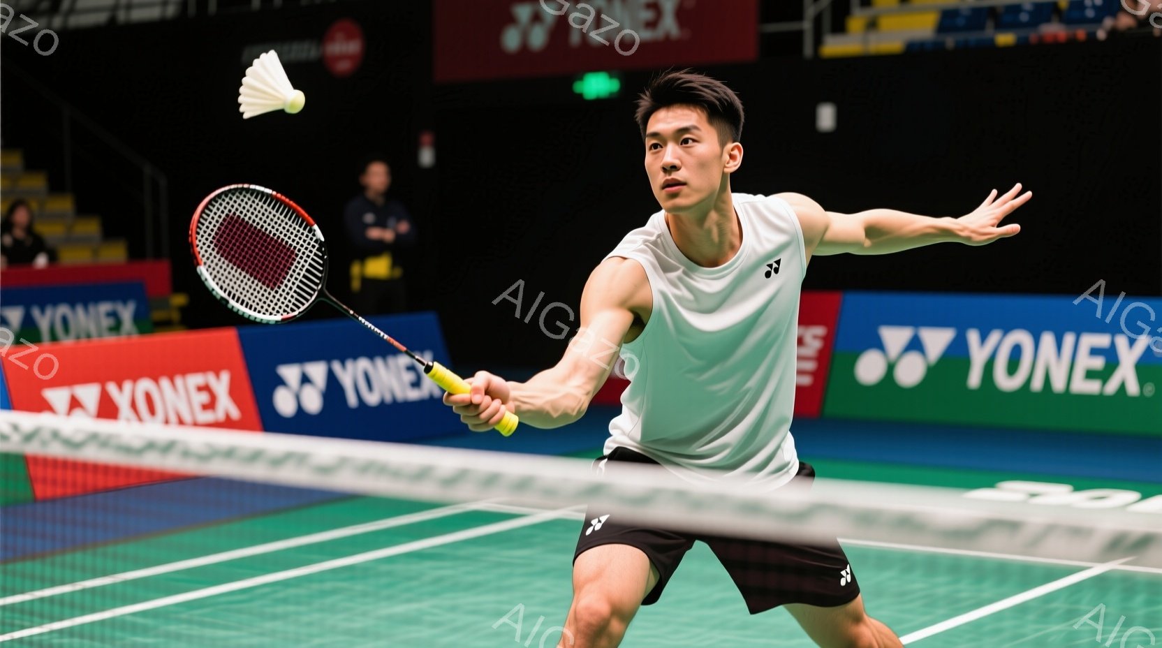 バドミントンの試合中の男性選手が写っている。白いシャツと黒いショーツを着用し、右手にラケットを持ってオーバーヘッドスマッシュを打とうとしている。背景には観客席とバドミントンのコートが見え、試合の緊張感と躍動感が伝わってくる。