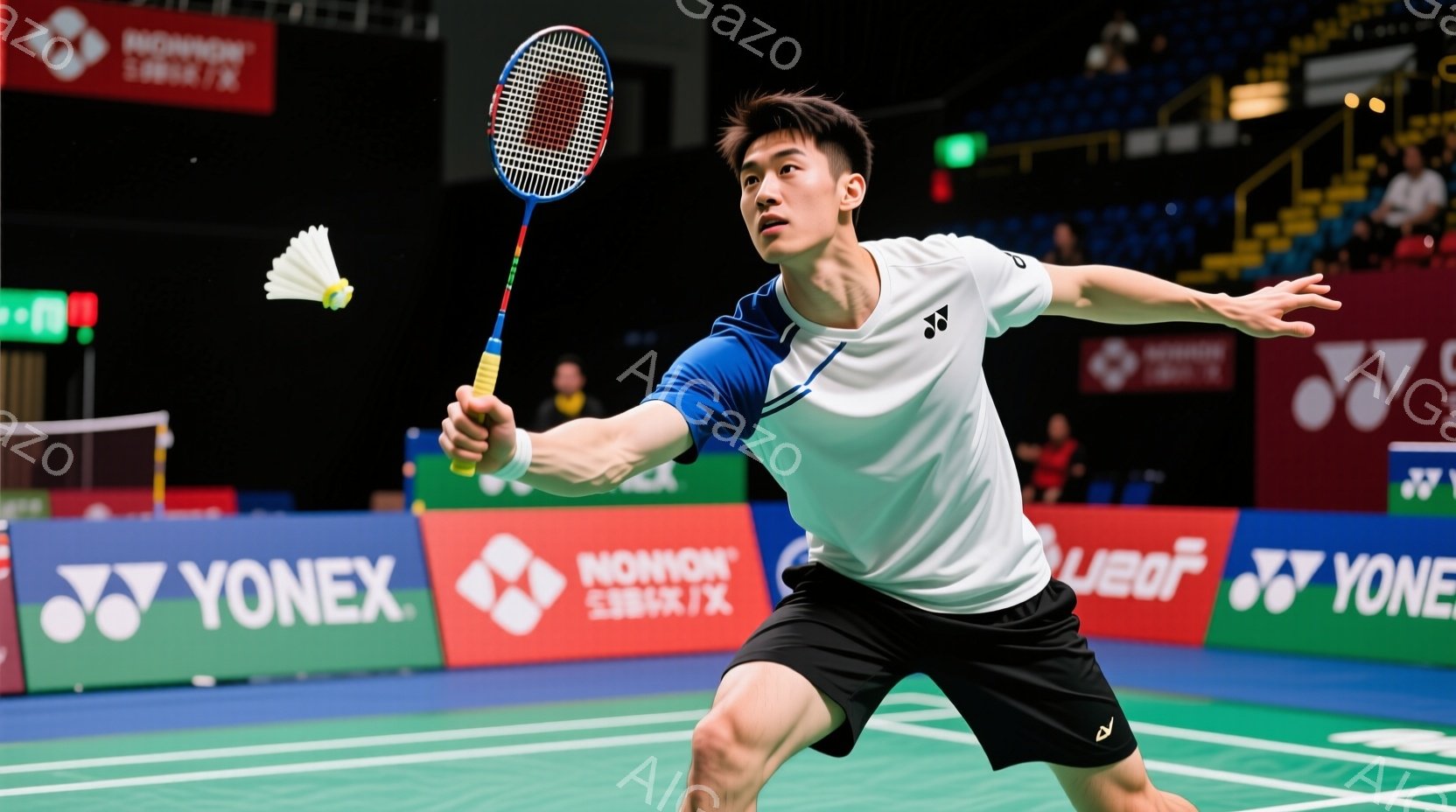 バドミントン選手が試合中にショットを打とうとしている瞬間を捉えた写真です。白のシャツと黒のショートパンツを着用し、集中した表情でラケットを振りかぶっています。背景には観客席やスポンサーロゴが見え、競技場の熱気を感じさせます。