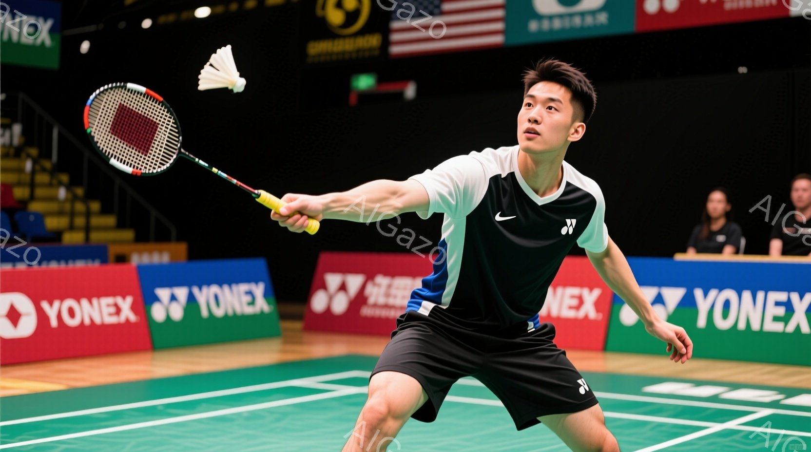 バドミントンの試合中の男性選手が写っている。黒いシャツと黒いショーツ姿で、ヘアスタイルは短く、集中した表情でラケットを振りかぶっている。背景にはバドミントンのコートと観客席があり、スポンサーのロゴが大きく表示されている。
