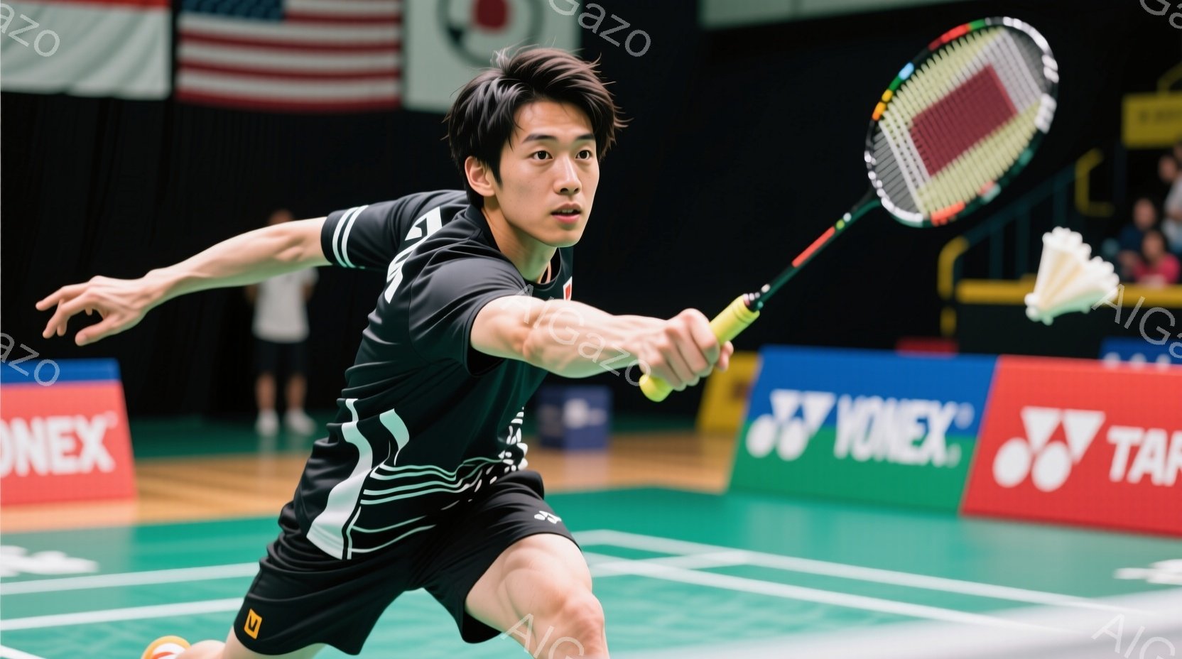 バドミントンの試合中の男性選手が写っている。黒の半袖シャツと短パン姿で、髪は短く整えられ、集中した表情でラケットを振りかぶっている。背景にはバドミントンのコートと観客席が見え、試合の緊張感が伝わる。