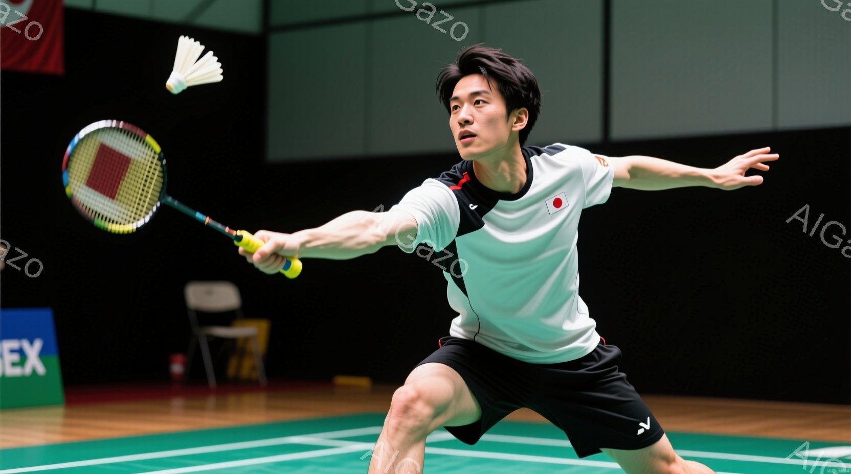 バドミントン選手が躍動的なショットを打つ瞬間を捉えた写真です。白と黒のスポーティーなウェアを着用し、髪は短く整えられています。背景にはバドミントンのコートと観客席の一部が見え、競技場の活気を感じさせます。