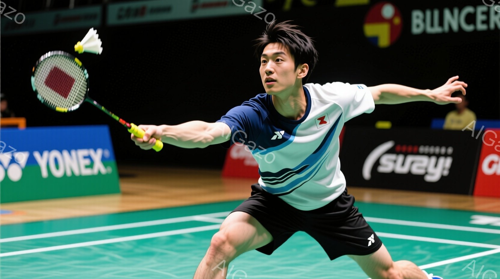 競技場で自転車に乗る男性の姿が写っている。彼は黒と白のレーシングスーツを着用し、髪は短く整えられている。彼は集中した表情で、ハンドルに力を入れて前傾姿勢でペダルを踏んでおり、競技への強い意志が伝わってくる。