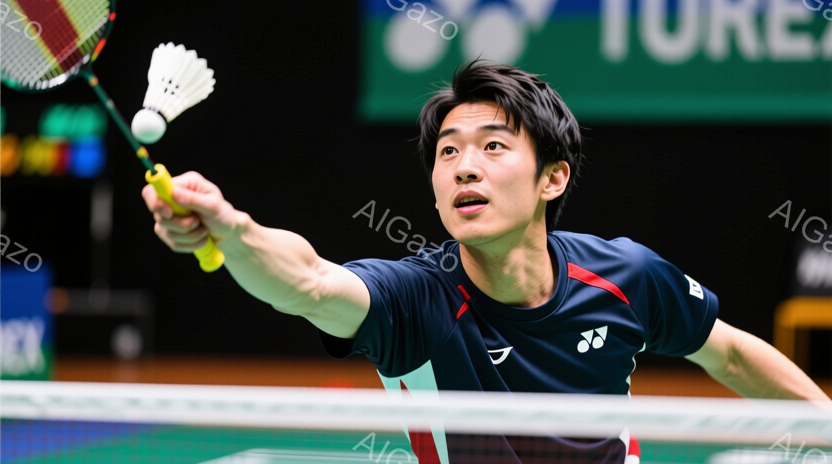 バドミントンの試合中の男性選手が写っている。彼は紺と赤のスポーティーなウェアを着用し、短髪で引き締まった表情をしている。ネットを越え、バドミントンラケットを高く振りかぶり、シャトルコックを打ち込もうとする動きで、集中した雰囲気が漂っている。