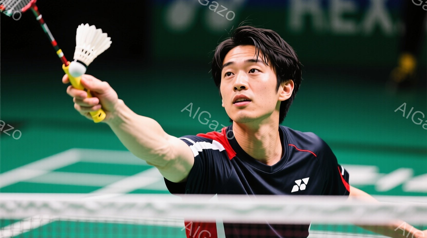 バドミントン選手が試合中にオーバーヘッドショットを打とうとしている瞬間を捉えた写真です。黒と赤のスポーティーなウェアを身に着け、髪を後ろに撫で付け、集中した表情でラケットを高く掲げています。背景はバドミントンのコートで、緑色の床と白いネットが確認でき、競技場の活気を感じさせます。