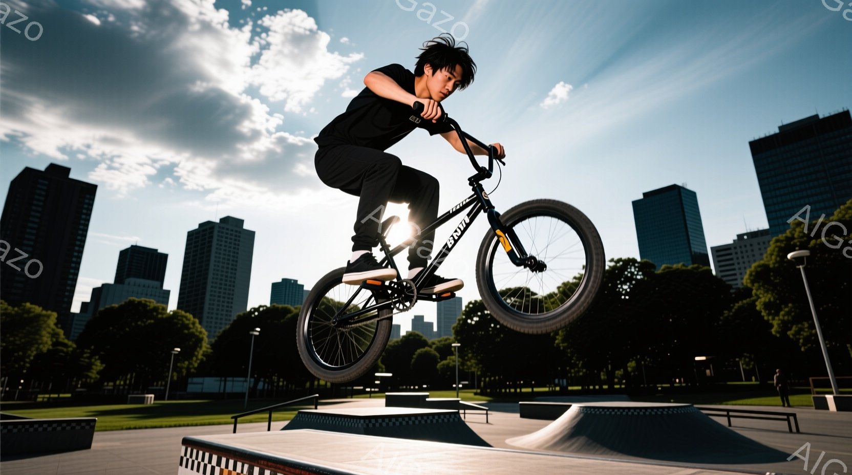 青いマウンテンバイクに乗った男性が、岩が多く、埃っぽい山道を疾走している。彼は黒いヘルメット、ゴーグル、長袖のシャツ、ショーツ姿で、集中した表情でバイクを操っている。背景には、緑豊かな山々が広がり、晴天の下、活気あるアウトドアアクティビティの雰囲気が漂っている。