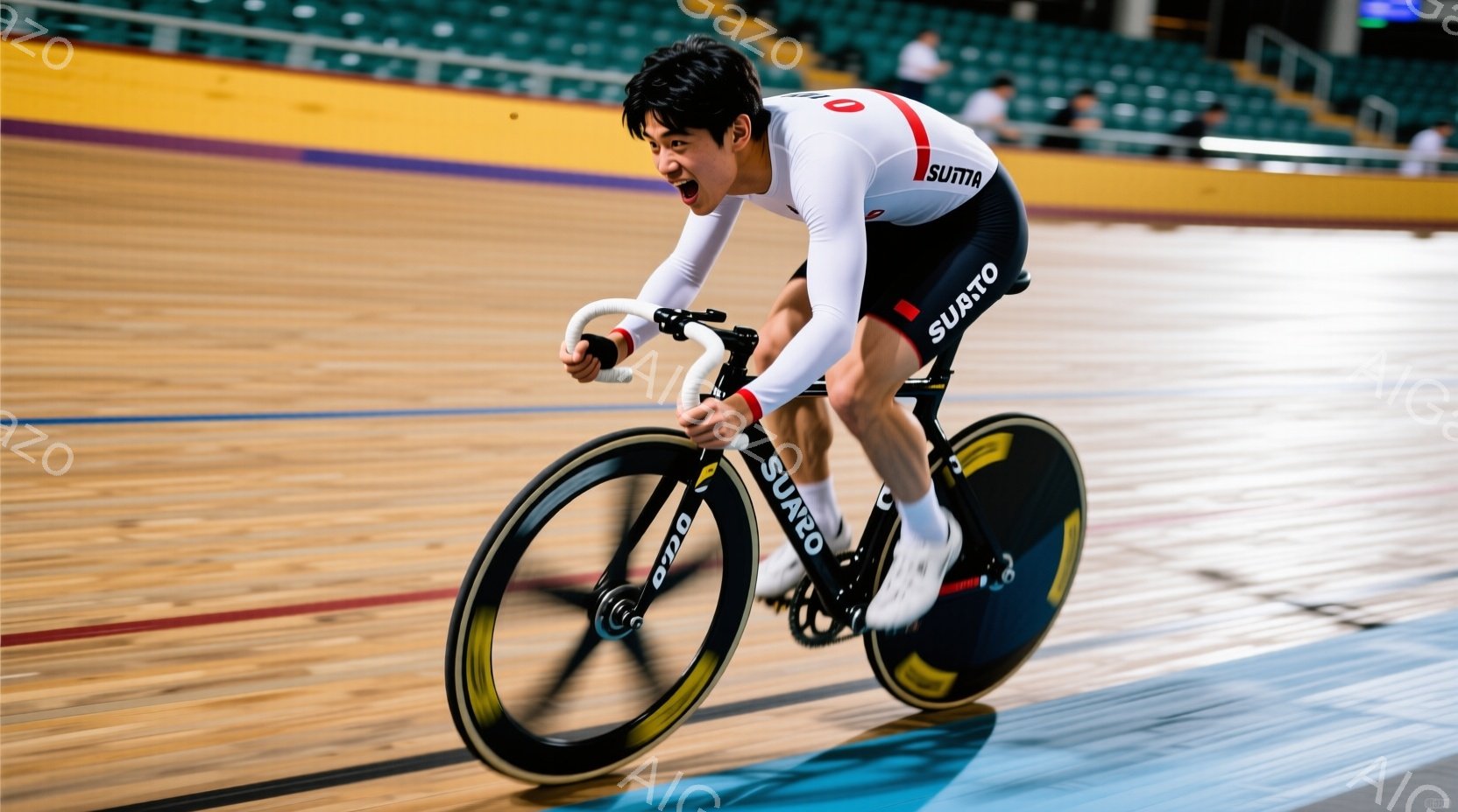 競技場で自転車に乗っている男性が写っています。彼は白と黒のスキースーツのようなサイクルウェアに身を包み、集中した表情で前を見据えています。背景は木製のトラックと観客席で、競技場の内観であることがわかります。
