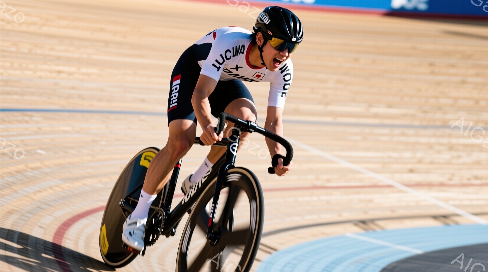 自転車競技の選手がバンク（傾斜のあるトラック）を疾走している様子が写っている。黒と白を基調としたユニフォームを着用し、ヘルメットを被り、集中した表情で前を見つめている。背景はトラックのカーブと、ぼやけた観客席で、競技の緊張感とスピード感が伝わってくる。