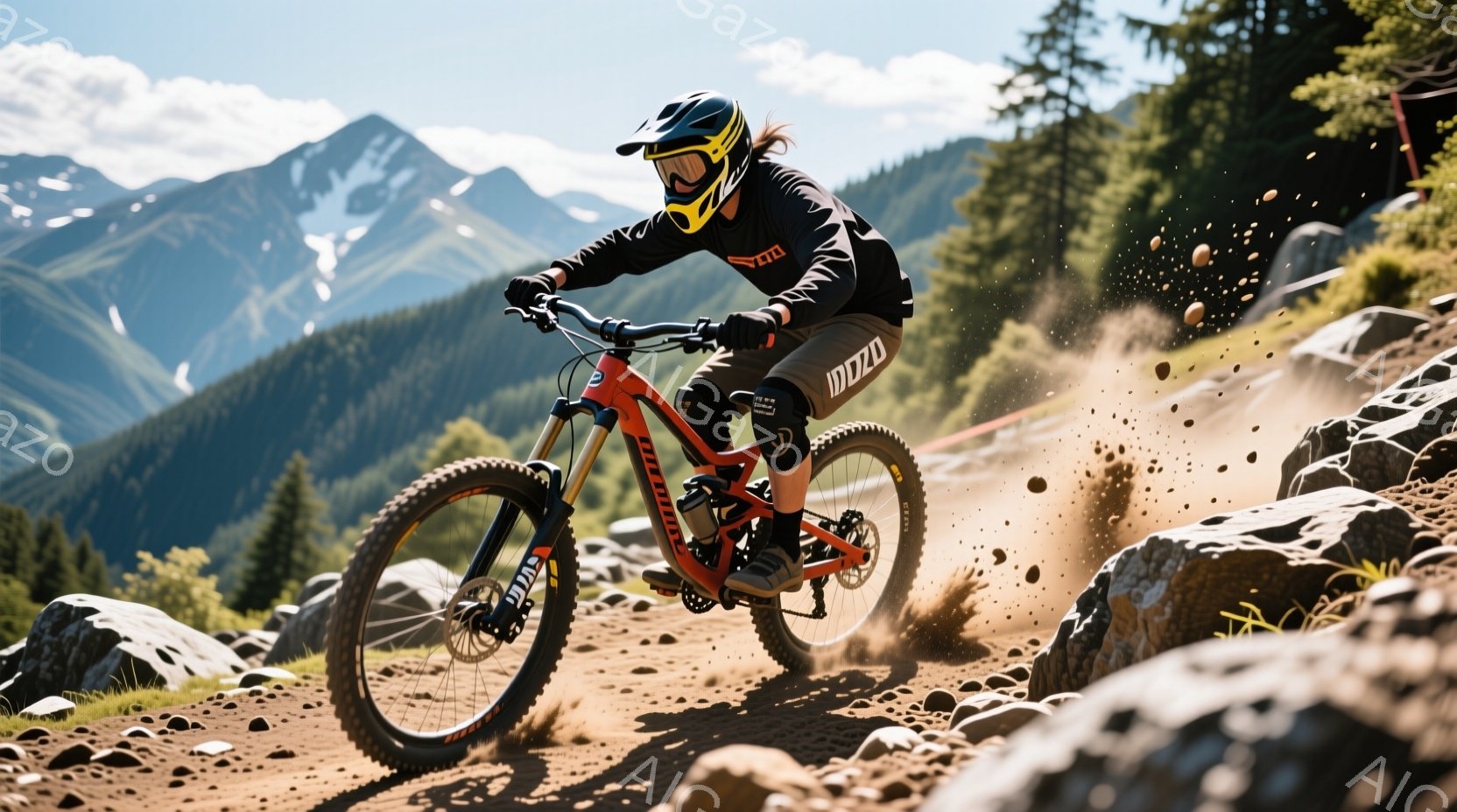 オレンジ色のマウンテンバイクに乗った女性が、岩だらけの山道を疾走している様子が写っている。彼女はヘルメットとゴーグルを着用し、黒い服装で髪は三つ編みにされている。背景には青空と緑豊かな山々が広がり、晴天の下、アクティブな雰囲気が漂う。