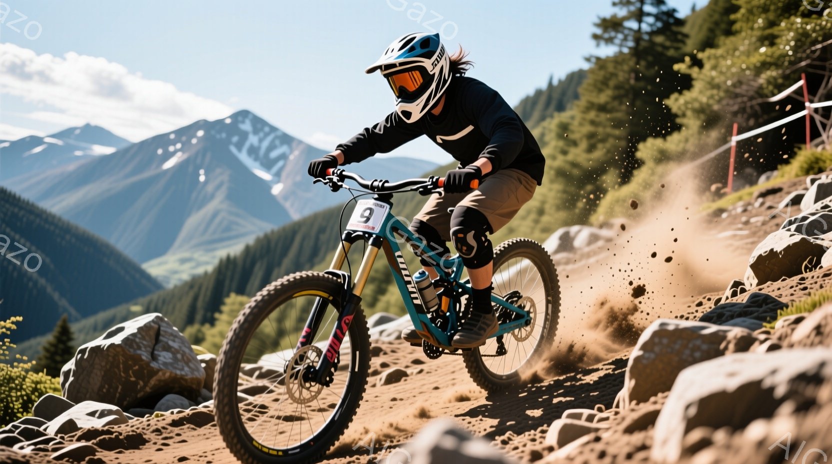 険しい山岳コースを疾走するマウンテンバイクのライダーが写っている。青いヘルメットとゴーグルを着用し、黒いレーシングスーツに身を包んだライダーは、集中した表情で前を見据え、バイクを巧みに操っている。背景には岩々しく、緑豊かな山々が広がり、晴天の下、スピード感あふれるライディングが際立っている。