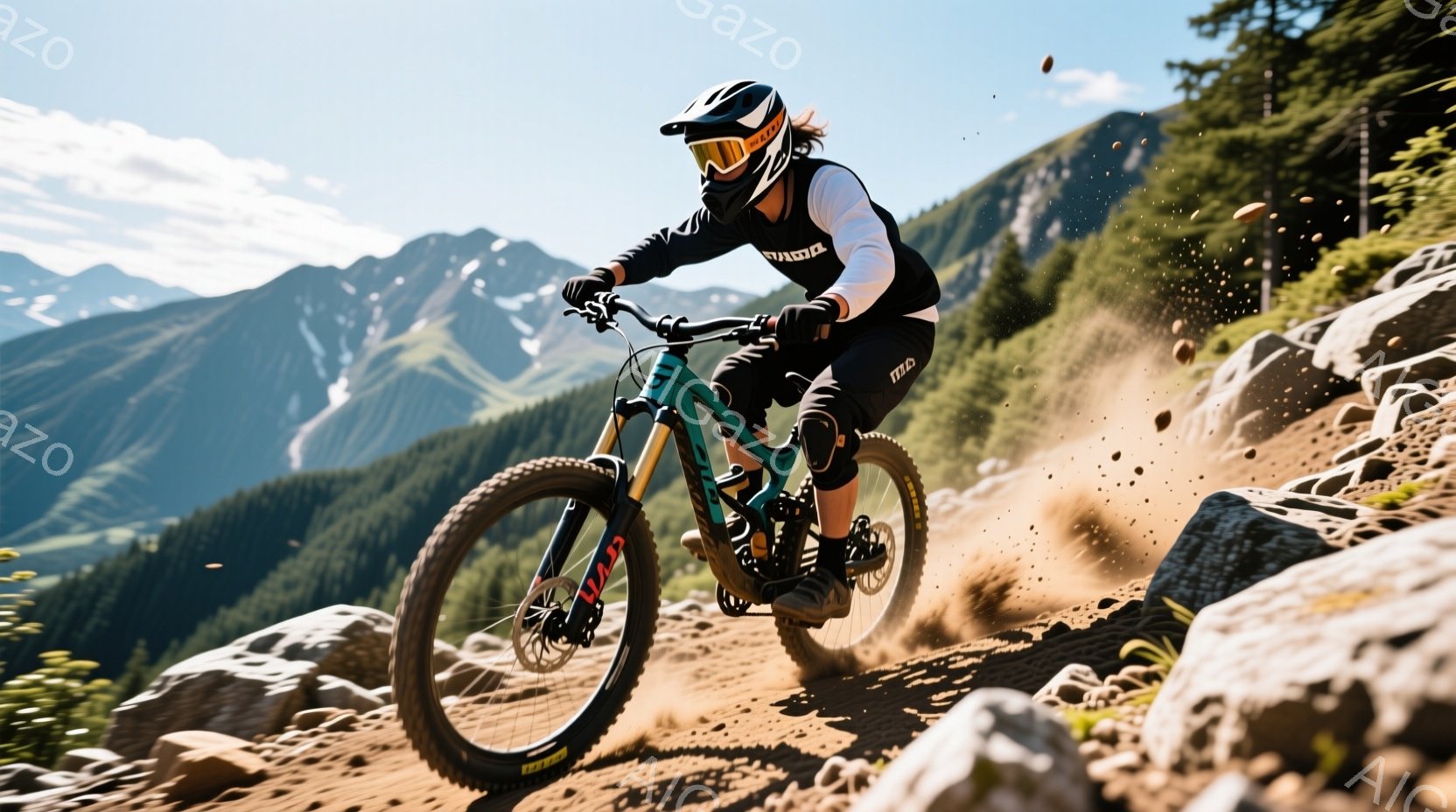 マウンテンバイクのライダーが岩場のある山道を疾走している様子が捉えられている。ライダーは黒いヘルメットとゴーグル、黒のジャージとショーツ、プロテクターを身に着け、集中した表情でバイクを操っている。背景には青空と緑豊かな山々が広がり、晴天の下、スピード感と躍動感溢れるアクティブな雰囲気が漂っている。
