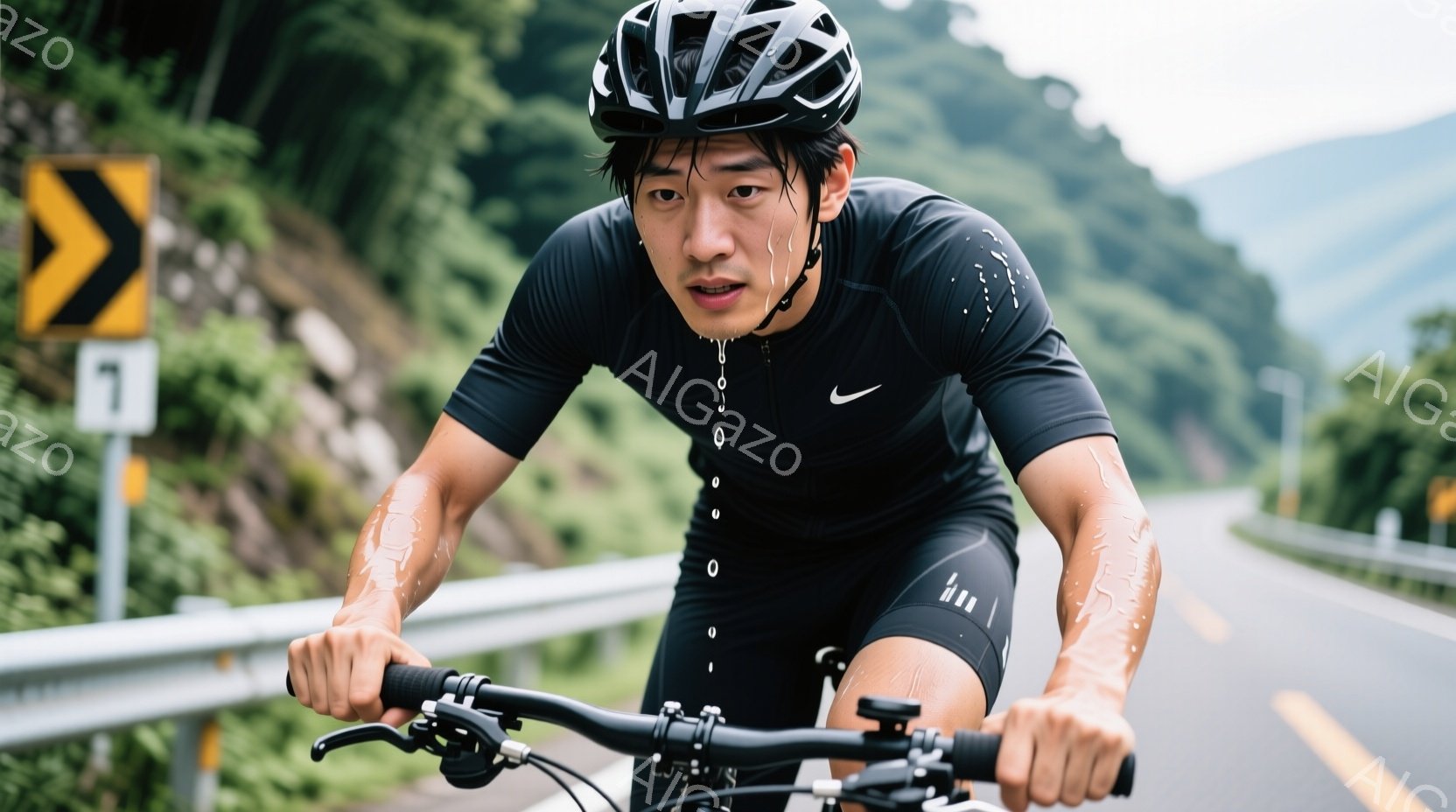 サイクリストが道路を疾走しており、額には汗が光っている。黒いサイクルウェアとヘルメットを着用し、集中した表情でハンドルを握っている。背景には緑豊かな山々と道路が広がり、晴天の下、活気あるサイクリングの様子が伝わってくる。