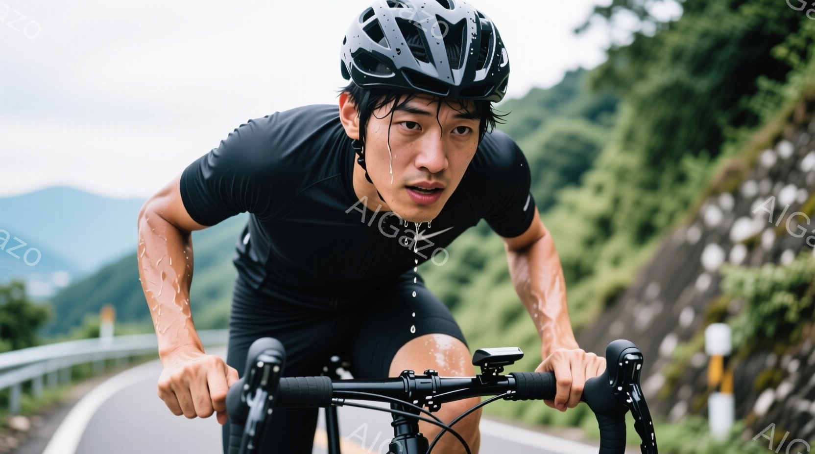 黒いサイクリングウェアに身を包んだ男性が、険しい山道を自転車で登っている様子が捉えられています。額や頬には汗が光り、真剣な表情でハンドルを握り、強い意志を感じさせます。背景には緑豊かな山々と、アスファ - AI生成フリー素材