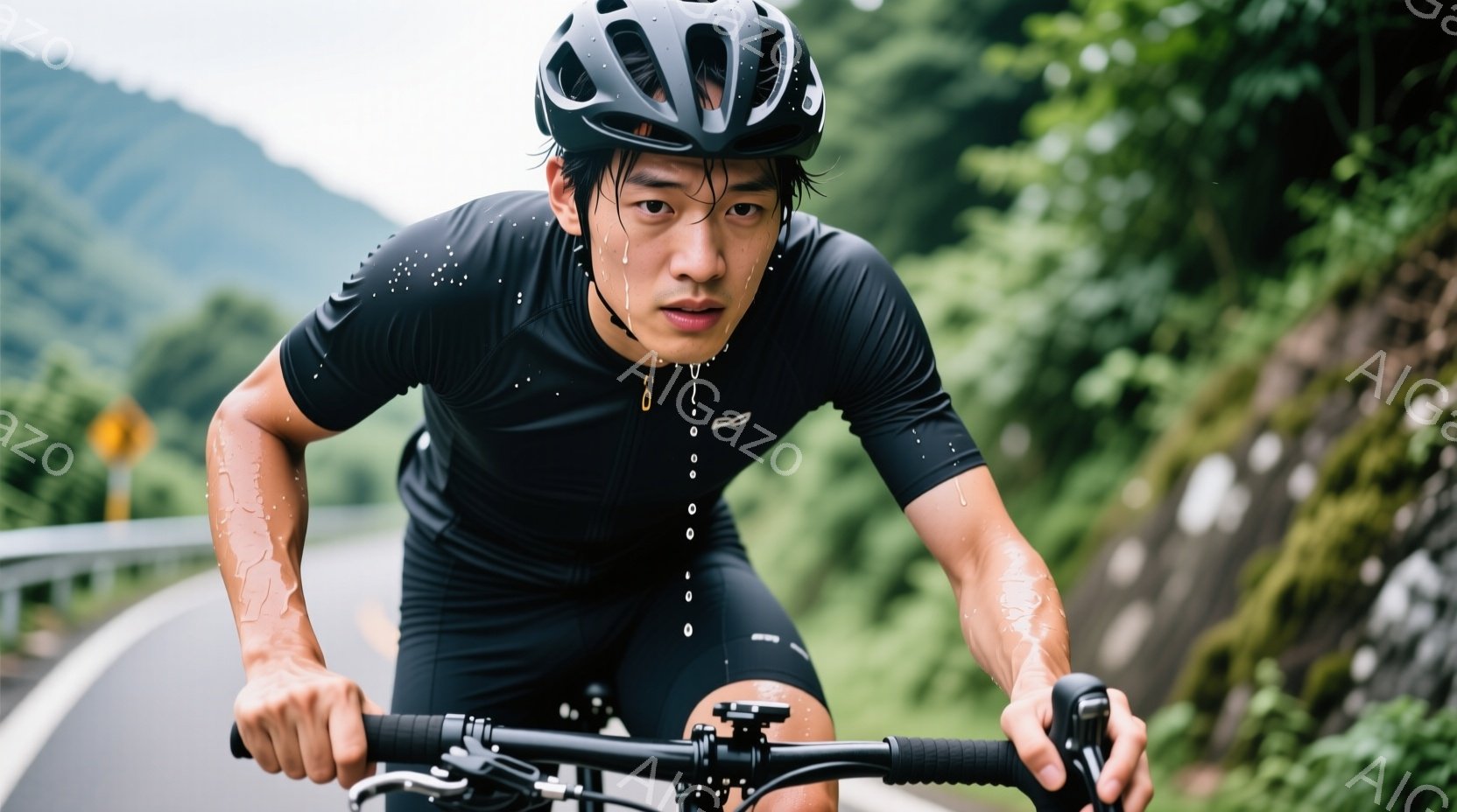 道路を自転車で走行する男性が写っている。彼は黒いサイクルウェアとヘルメットを着用し、額には汗が流れ落ちている。背景には緑豊かな山々が広がり、天候は曇りまたは雨のようだ。