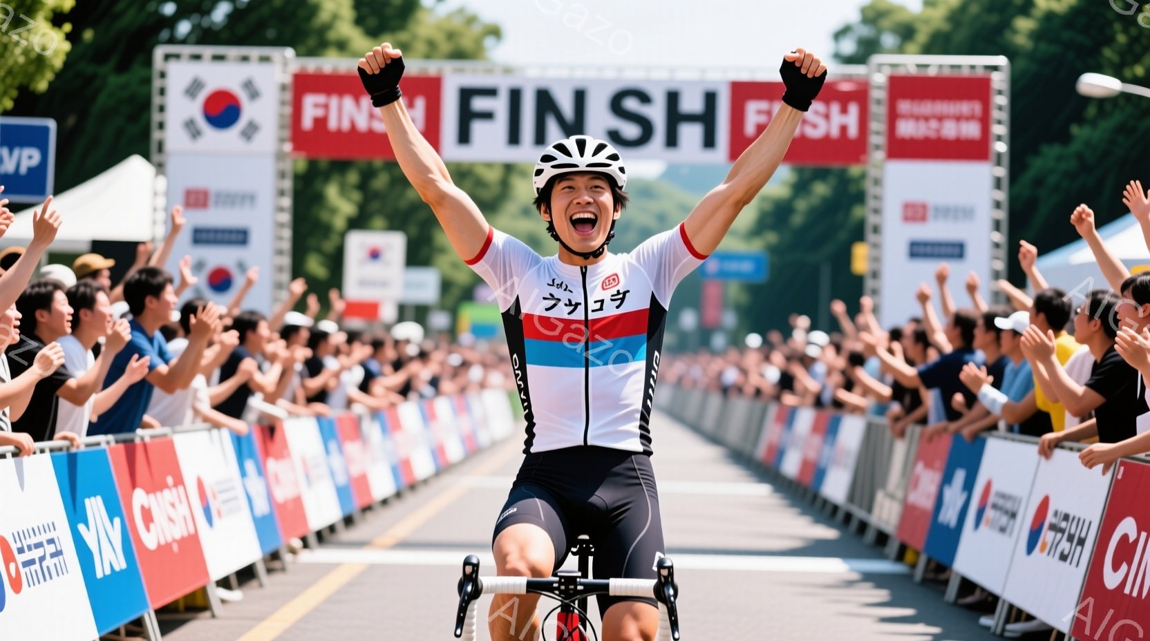 自転車競技の選手が、フィニッシュラインを駆け抜け、両手を高々と上げて勝利を喜んでいる様子が写っている。黒いヘルメットと、白と黒のスポーティーなウェアを着用し、表情は興奮と達成感に満ちている。背景には多くの観客が沿道を埋め尽くし、青空の下、沿道の旗や建物がレースの熱気をさらに高めている。