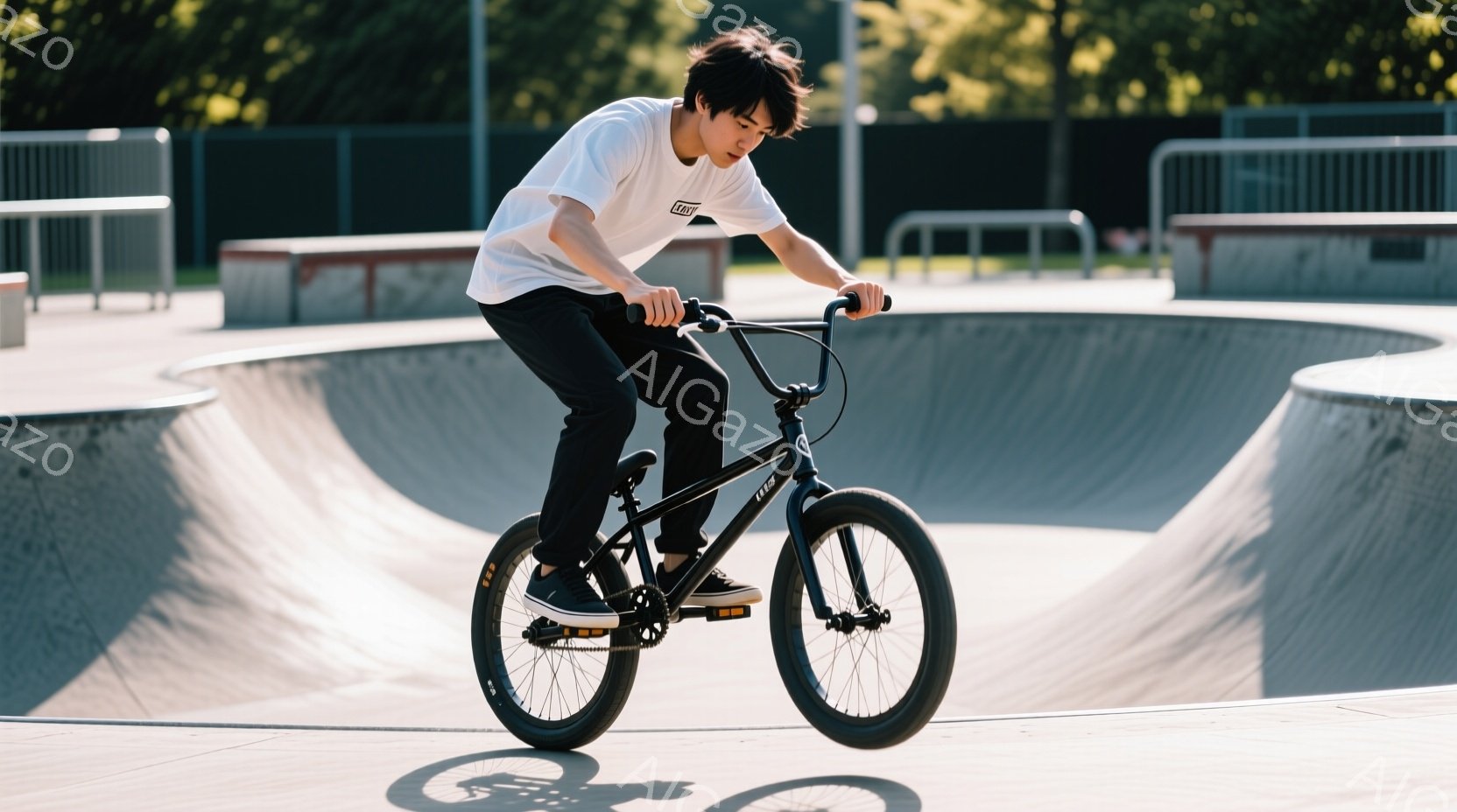 若い男性がスケートパークのハーフパイプでBMXバイクに乗っている写真です。白いTシャツに黒いズボンを着用し、黒髪を無造作に撫でつけています。背景にはコンクリート製のハーフパイプと金属製の柵が見え、晴れた空の下、活気のある雰囲気が感じられます。