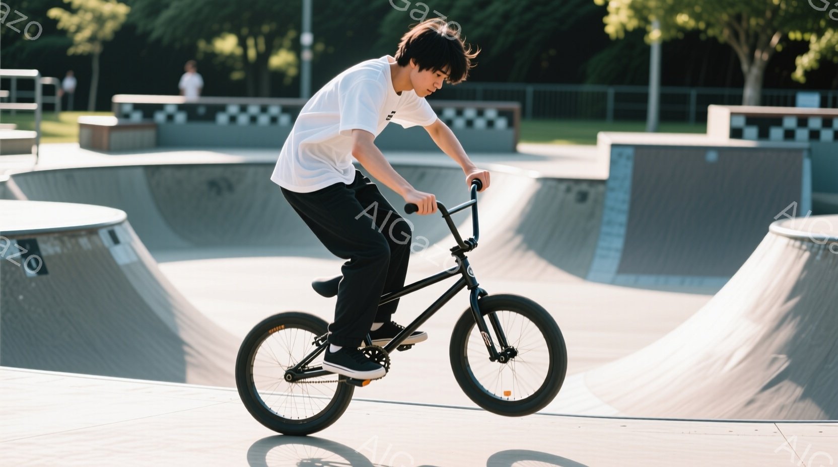 若い男性がスケートパークでBMXバイクに乗っている写真です。彼は白いTシャツと黒いパンツを着用し、黒髪を無造作に整えています。バイクに集中した表情で、前輪を持ち上げてバランスを取っている様子が伺えます。