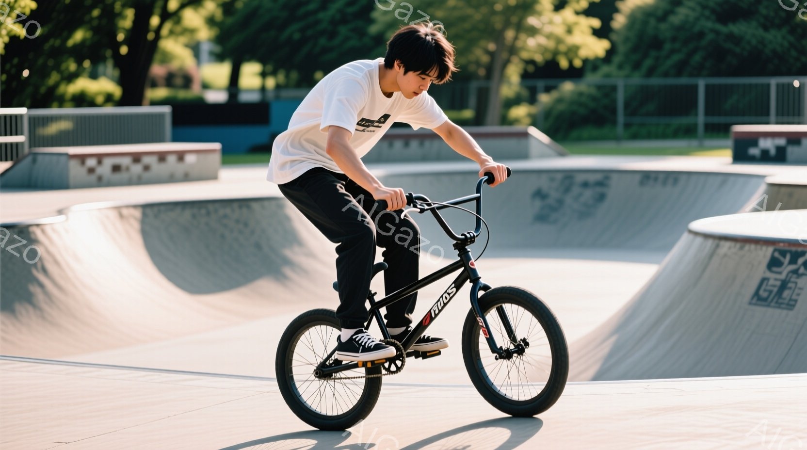 若い男性がBMXバイクに乗って、コンクリート製のスケートパークのランプの上を走行している。彼は白いTシャツに黒いパンツ、黒いスニーカーを履いており、黒髪を少し長めに整えている。背景には、他のランプやコンクリート構造物、そして緑豊かな木々が見え、晴れた日のアクティブなシーンを描写している。