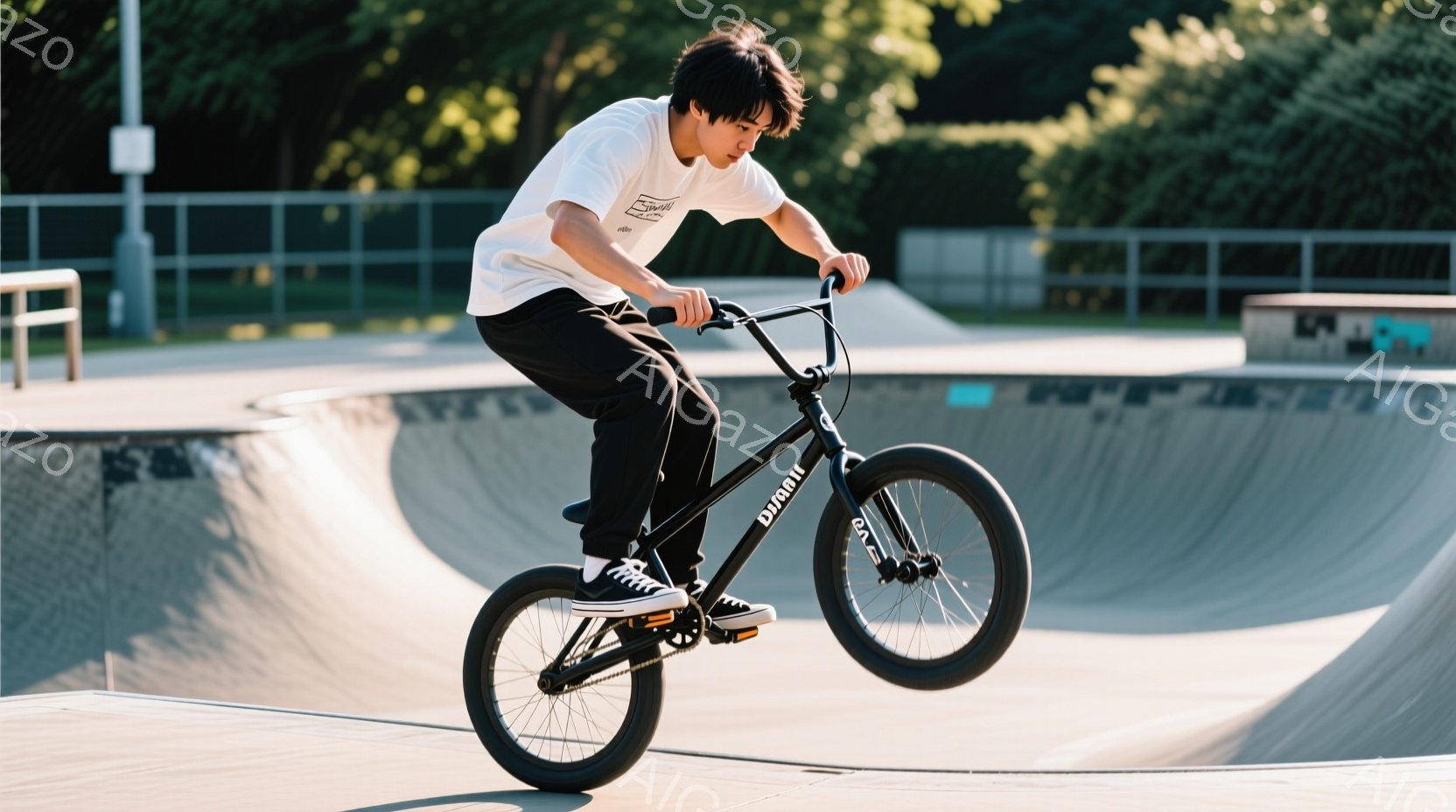 若い男性がスケートパークのハーフパイプでBMXバイクに乗っている。彼は白いTシャツと黒いパンツを着用し、黒髪を短く整えている。バイクは黒色で、彼はバイクに乗りながら前かがみになり、集中した表情で次の動きの準備をしている。