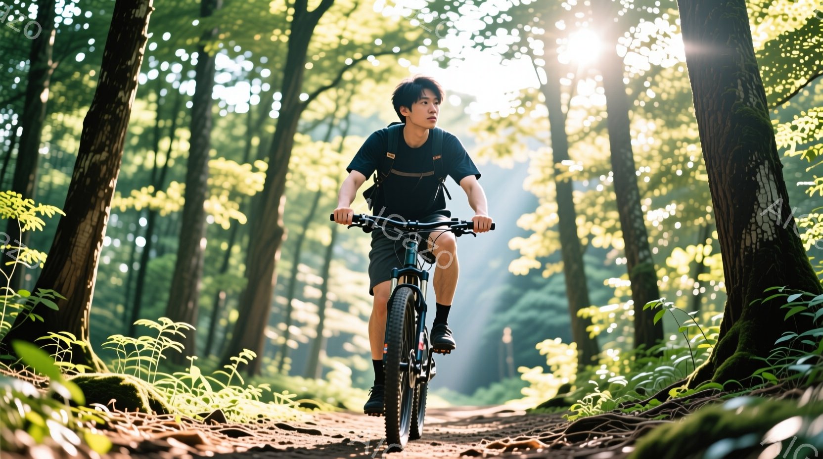 緑豊かな森の中を、一人の男性が山バイクで走行している様子が写っている。彼は黒いTシャツに黒い短パン姿で、髪は短く整えられている。木漏れ日が差し込む森の中の道は土でできており、周囲には緑が生い茂り、爽やかで活気のある雰囲気が漂っている。