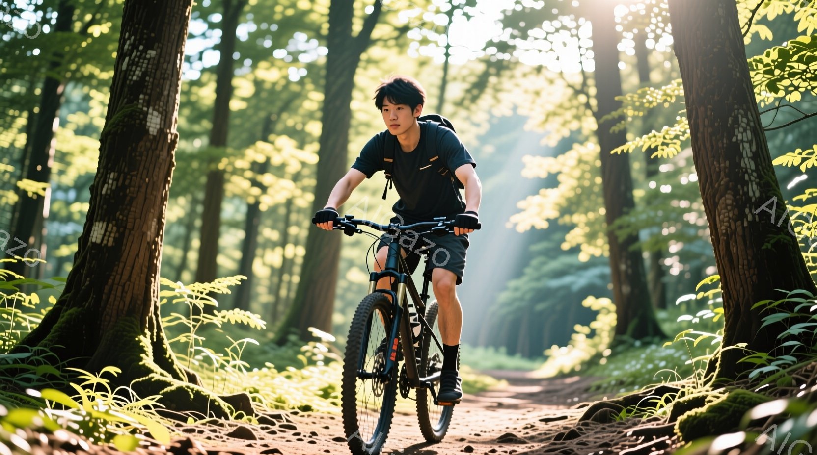 若い男性が山道をマウンテンバイクで走っている様子が写っている。彼は黒い半袖シャツ、黒いショートパンツ、黒いソックスと靴を履き、背中にリュックを背負っている。背景は緑豊かな森林で、太陽光が木々の間から差し込み、幻想的な雰囲気を醸し出している。