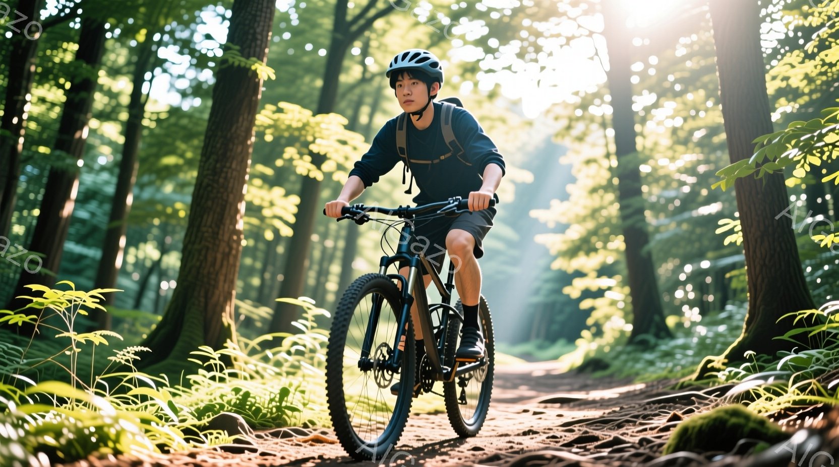 男性は山道を自転車で走っている。彼は黒いヘルメットと半袖のシャツ、黒いショーツを着ており、スポーティーな服装をしている。背景には緑豊かな森林が広がり、太陽光が木々の間から差し込み、爽やかな雰囲気を作り - AI生成フリー素材