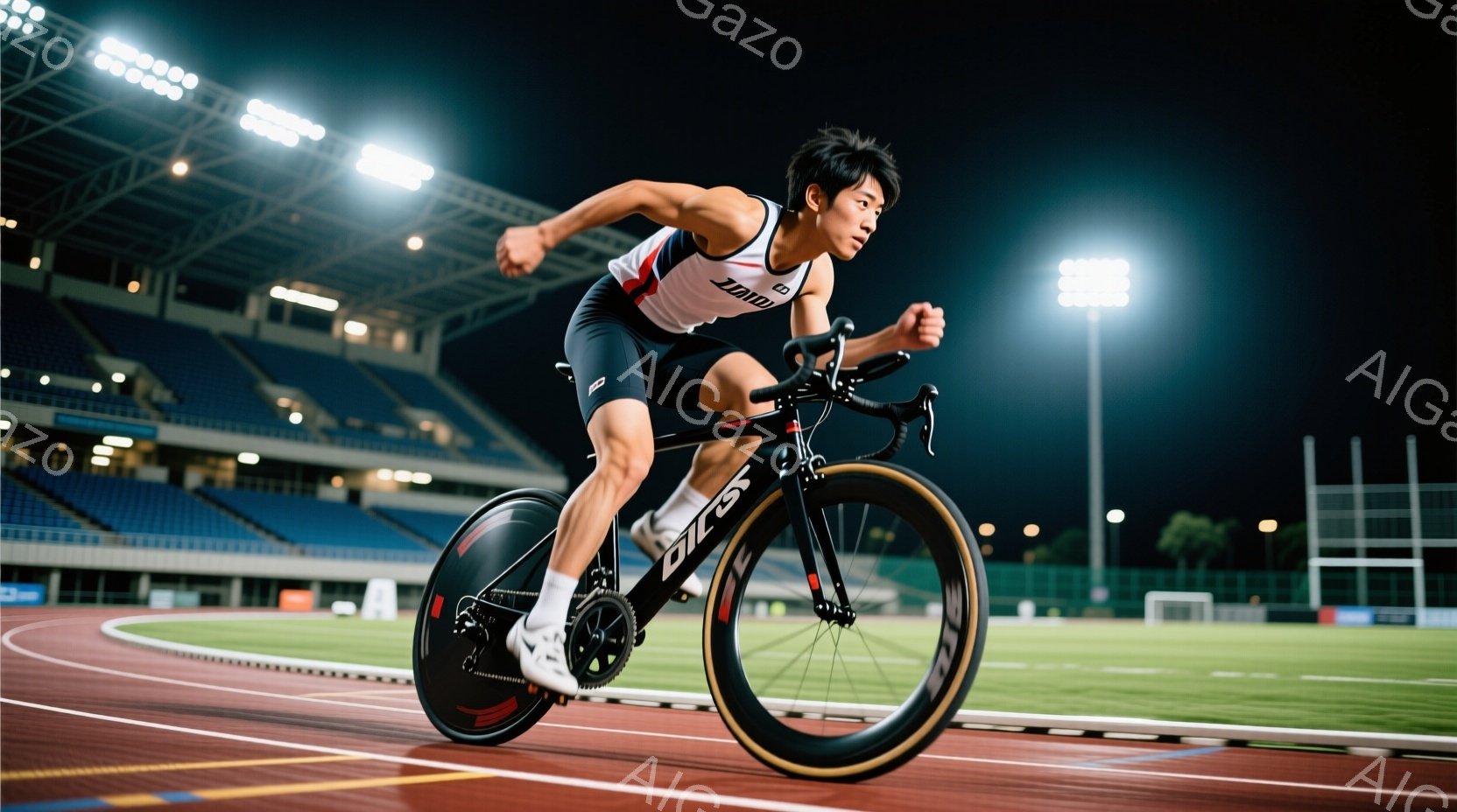 競技場でサイクリストが疾走している様子が捉えられた写真です。彼は黒のエアロロードバイクに乗り、白と黒のサイクリングウェアとヘルメットを着用し、集中した表情で前を見据えています。背景には夜間の競技場、観客席、そして遠くの建物が見え、競技場のライトが夜空を照らし出しています。