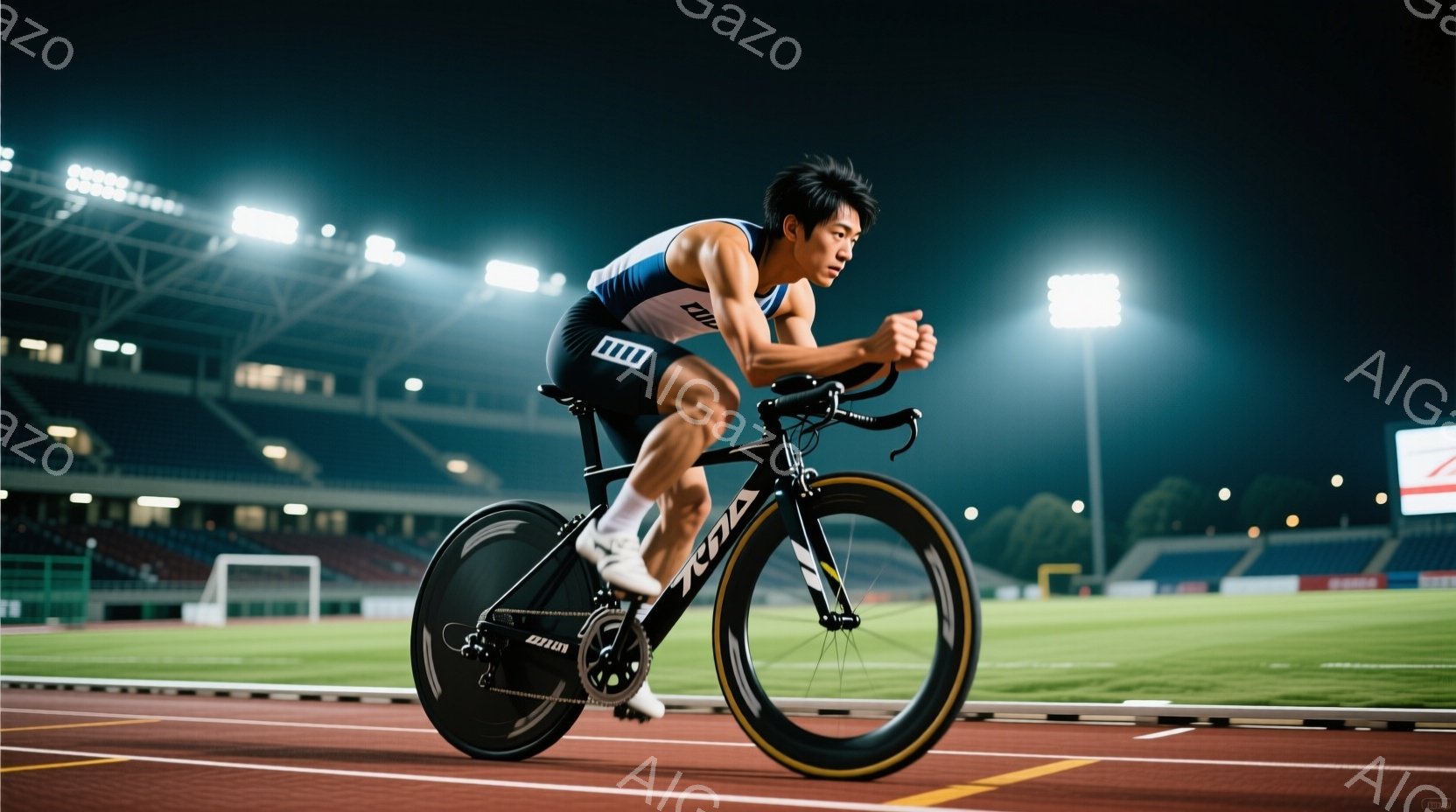 夜の陸上競技場で、競技用の自転車に乗った男性アスリートが写っている。彼は黒と青のスキンスーツとヘルメットを着用し、集中した表情で前を見据え、競技に打ち込んでいる。背景には観客席と夜空が広がり、競技場の - AI生成フリー素材