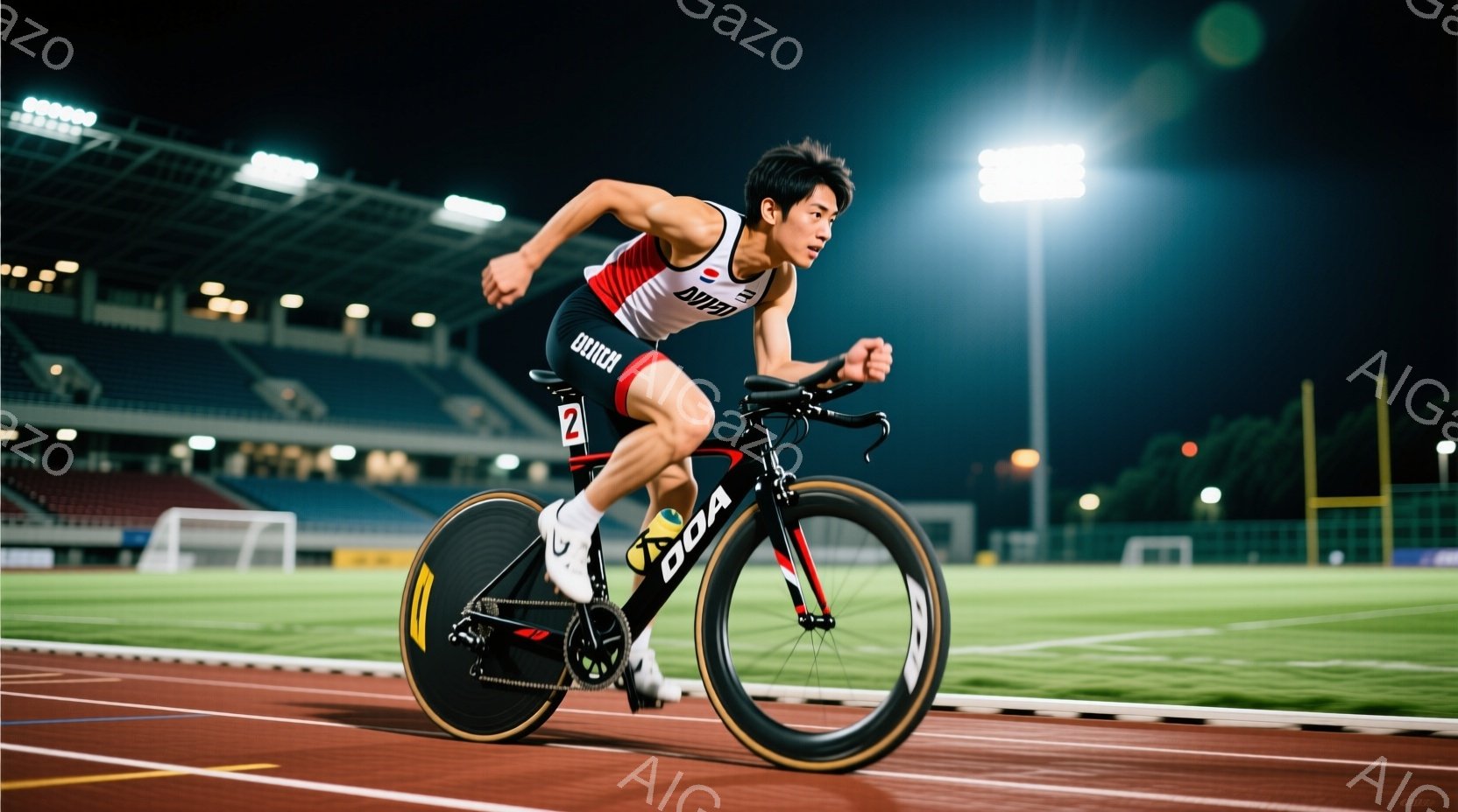 競技場で自転車に乗った男性が写っている。彼は黒、赤、白のスキンスーツを着用し、ヘルメットをかぶっている。競技場のトラックは赤色で、背景には観客席と照明がぼやけて見える夜の風景が広がっている。 - AI生成フリー素材