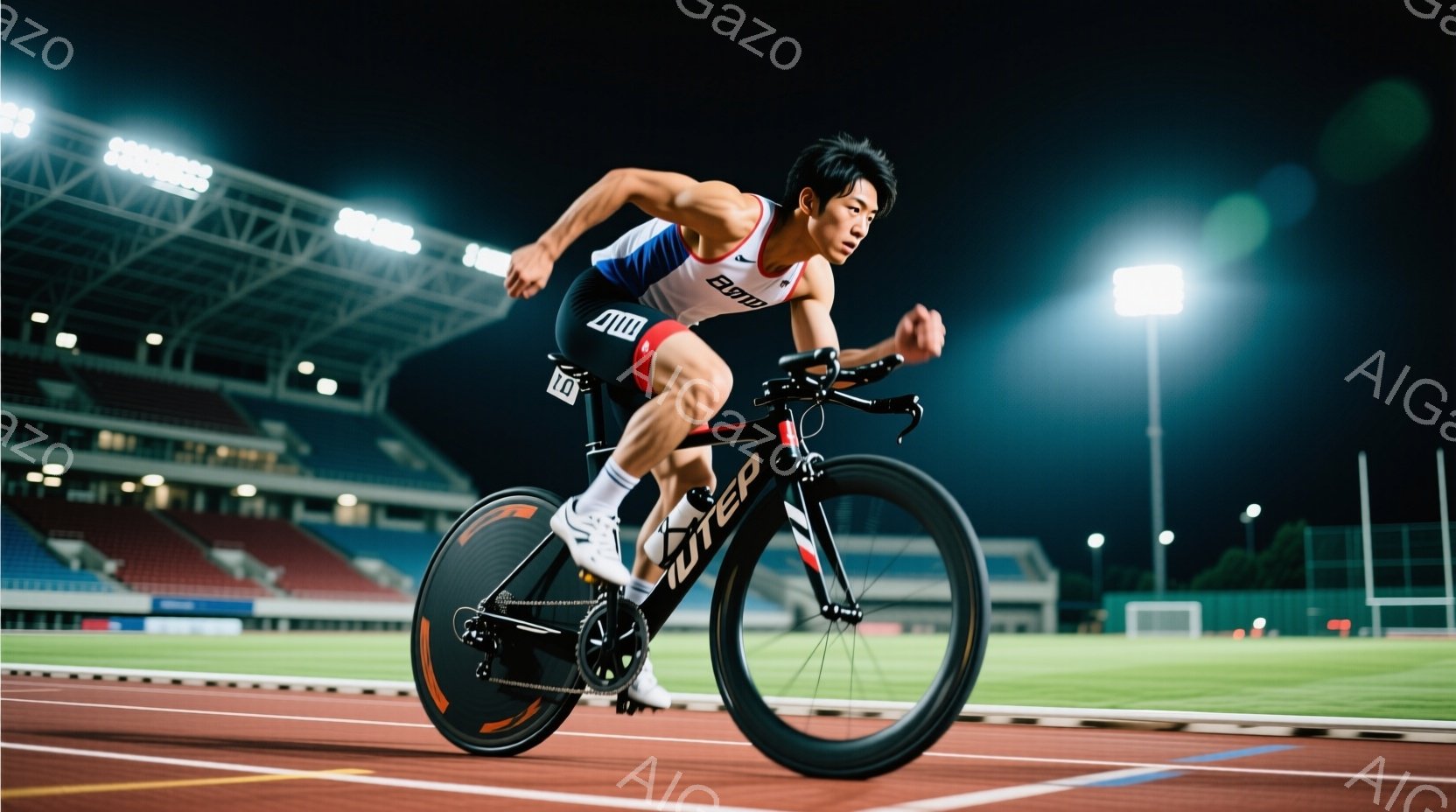 これは競技場で自転車に乗る男性の画像です。彼は青と赤のサイクリングウェアとヘルメットを身につけ、集中した表情でペダルを踏んでいます。背景には観客席と夜空が広がり、競技場のライトが照らし出されています。