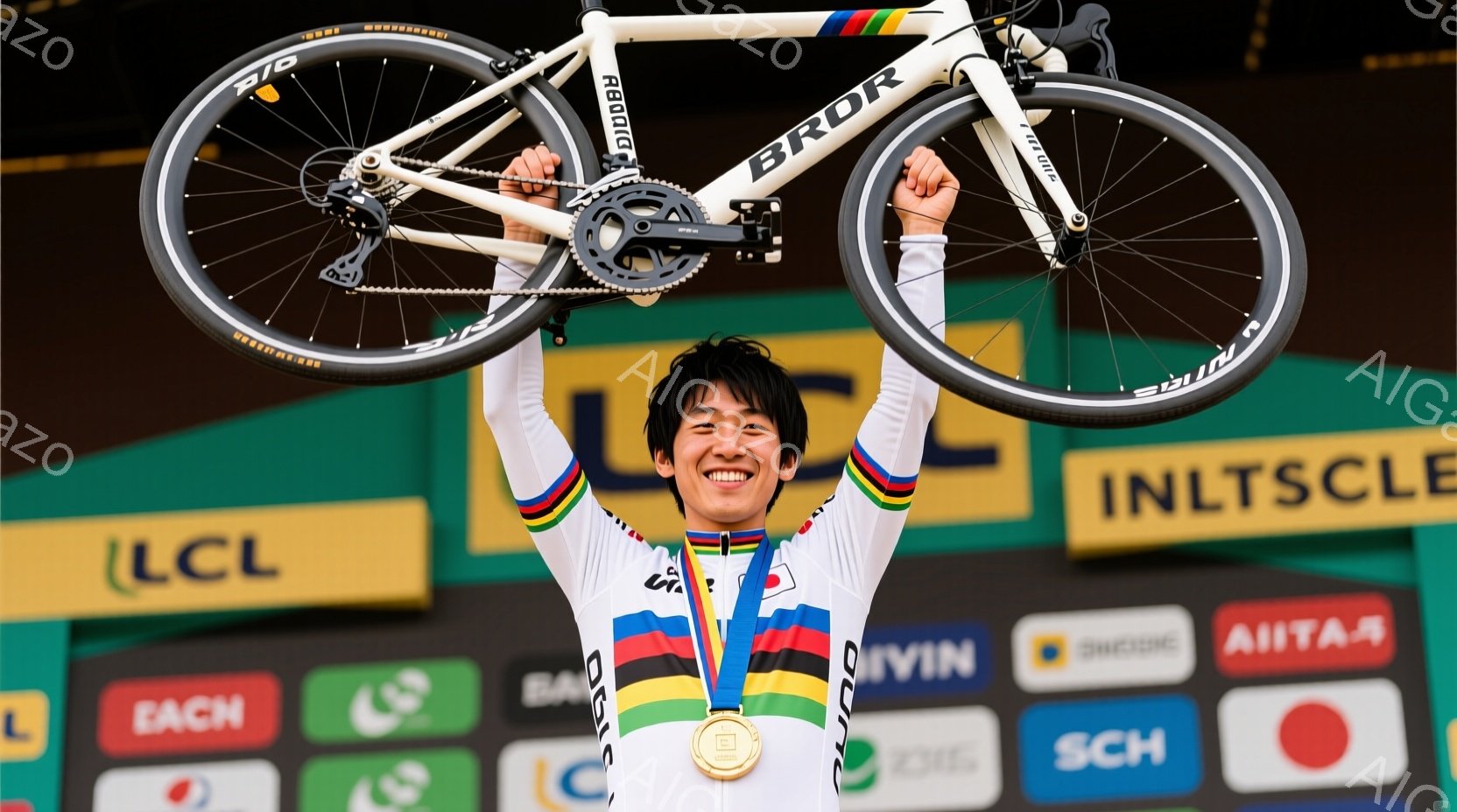 競技者は、虹色のストライプが入ったサイクリングジャージと黒いショーツを着用し、首には金メダルをかけています。彼は両手で自転車を持ち上げ、満面の笑みを浮かべており、勝利の喜びと達成感を表現しています。背景には、色とりどりのロゴが並んだ壁があり、競技会場の賑やかさを感じさせます。
