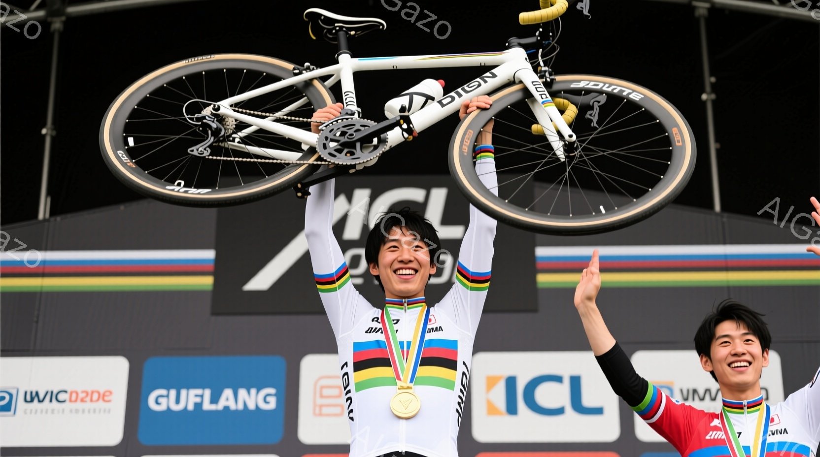 競技者が自転車を頭上に高く掲げ、勝利を喜んでいます。彼は白地に虹色のストライプが入ったサイクルウェアを着用し、首には金メダルが輝いています。背景にはスポンサーのロゴが並び、晴天の下、勝利の瞬間が捉えられています。