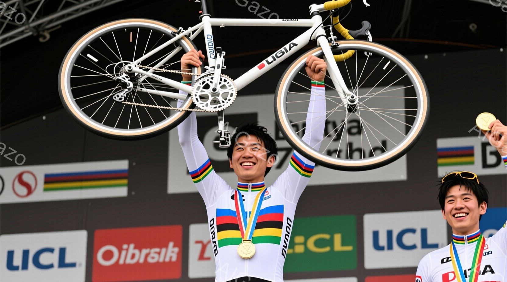 サイクリストが自転車を頭上に掲げ、勝利を祝っている姿が写っている。彼は黒髪で、喜びを表現した笑顔を見せ、虹色のラインが入ったサイクルジャージとメダルを身につけている。背景にはスポンサーロゴや旗がぼやけ、競技会場の賑やかな雰囲気が伝わってくる。
