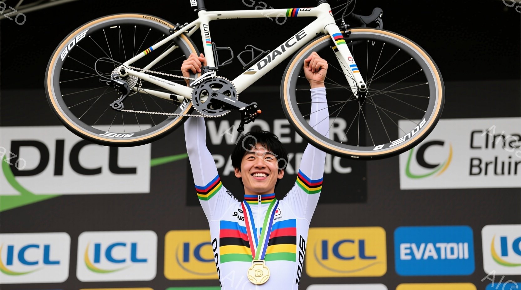自転車競技の選手が、自転車を高く掲げて勝利を祝っている様子が写っている。彼は、チャンピオンの虹色のジャージと黒のショーツを着用し、金メダルを首にかけている。背景には、スポンサーロゴが並び、競技場の雰囲気が伝わってくる。