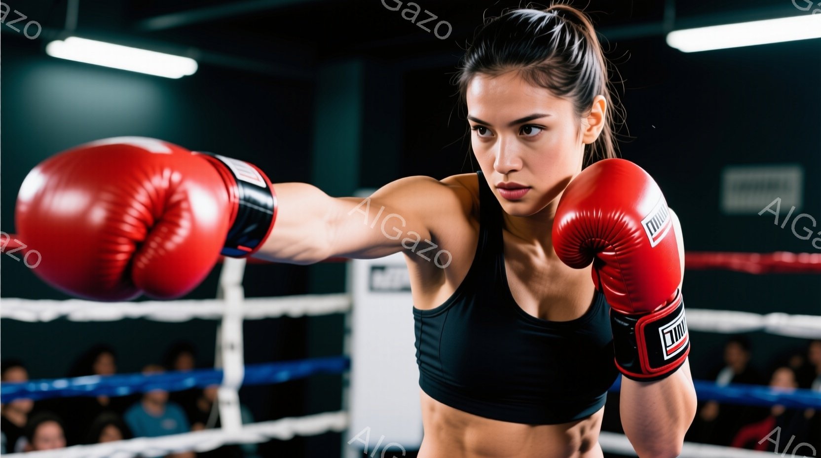 競技場のリング内に立つ女性ボクサーが、右ストレートを繰り出す瞬間を捉えた写真です。彼女は黒いスポーツブラとショーツを着用し、力強い腹筋が露わになっています。背景にはぼやけた観客席が見え、リングロープが彼女を囲んでいます。