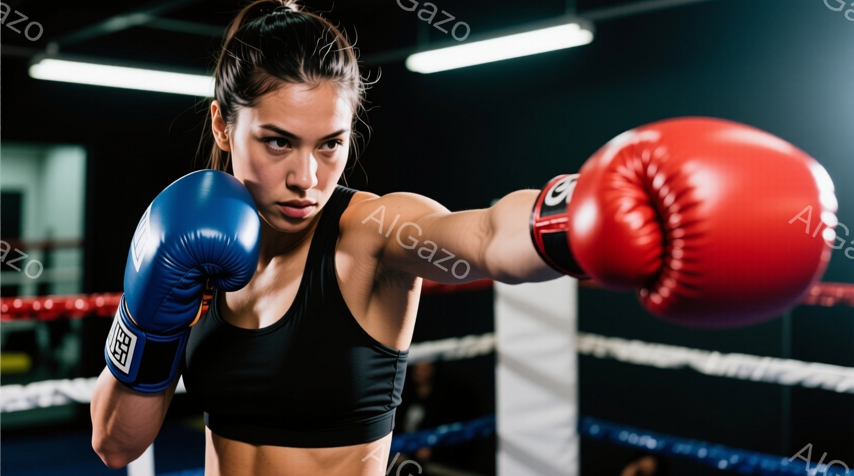 この女性はボクシンググローブを着用し、力強い右ストレートを繰り出そうとしています。黒いスポーツブラとショーツ姿で、髪は後ろで高く結ばれ、集中した表情をしています。背景はリングとジムの壁で、照明が強く、競技やトレーニングの雰囲気が漂っています。